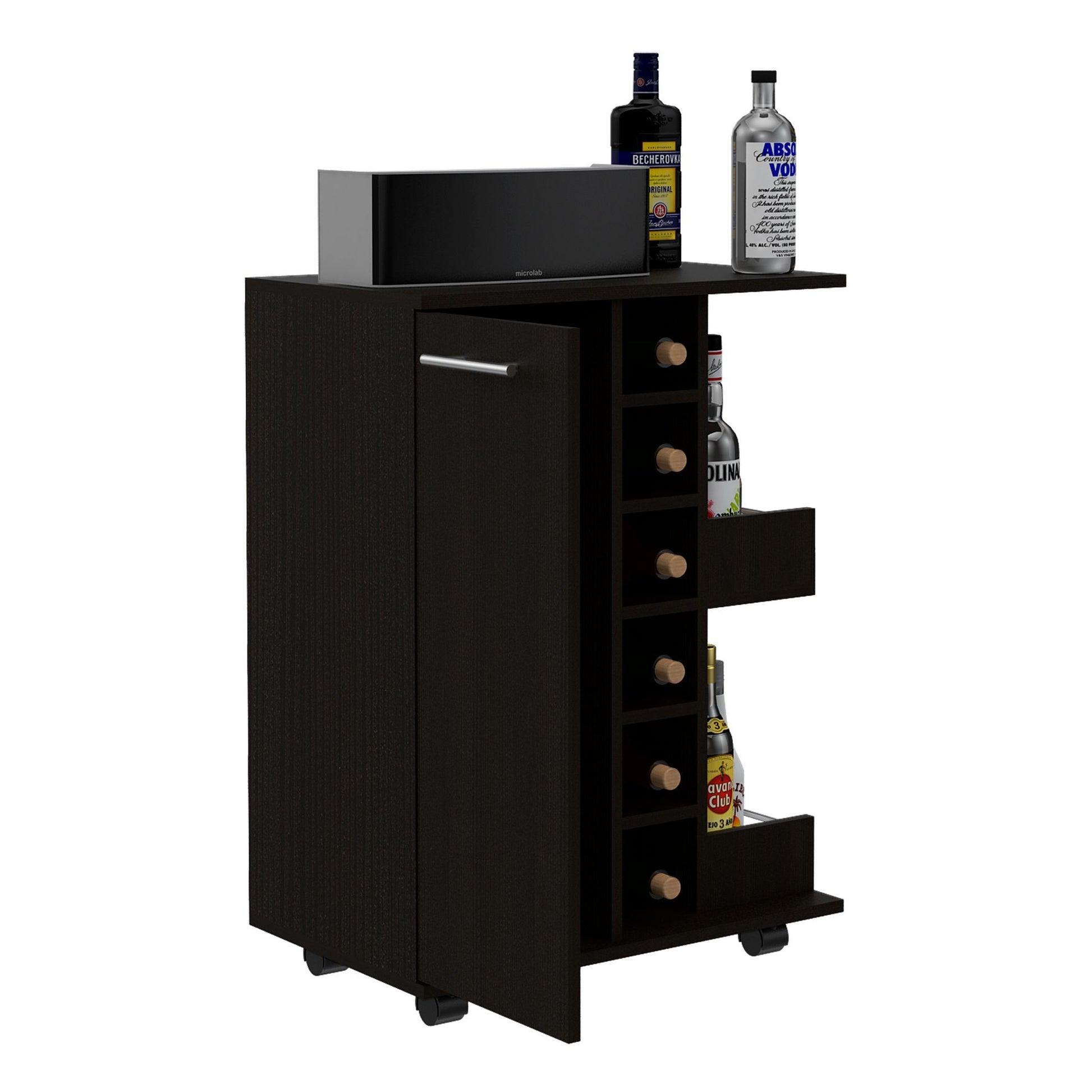 Bar Cart Wells, Four Casters, Black Wengue Finish Black Particle Board