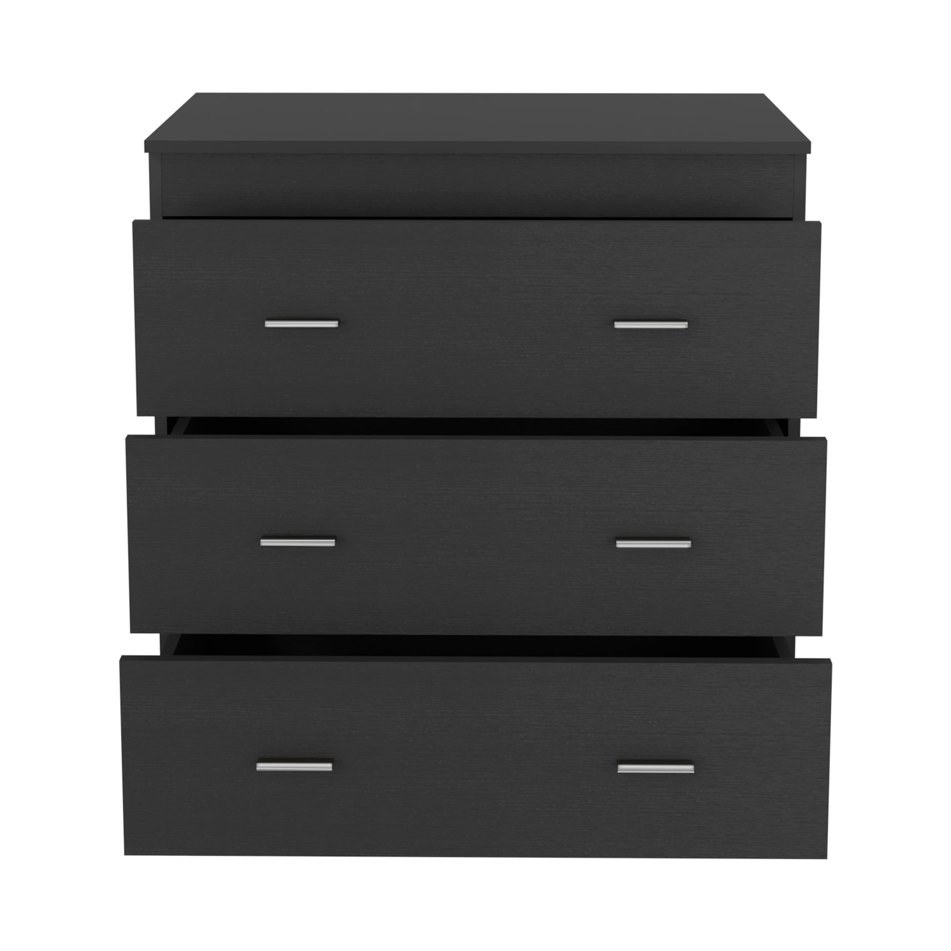 Three Drawer Dresser Litress, Metal Handles, Black Wengue Finish Black Particle Board