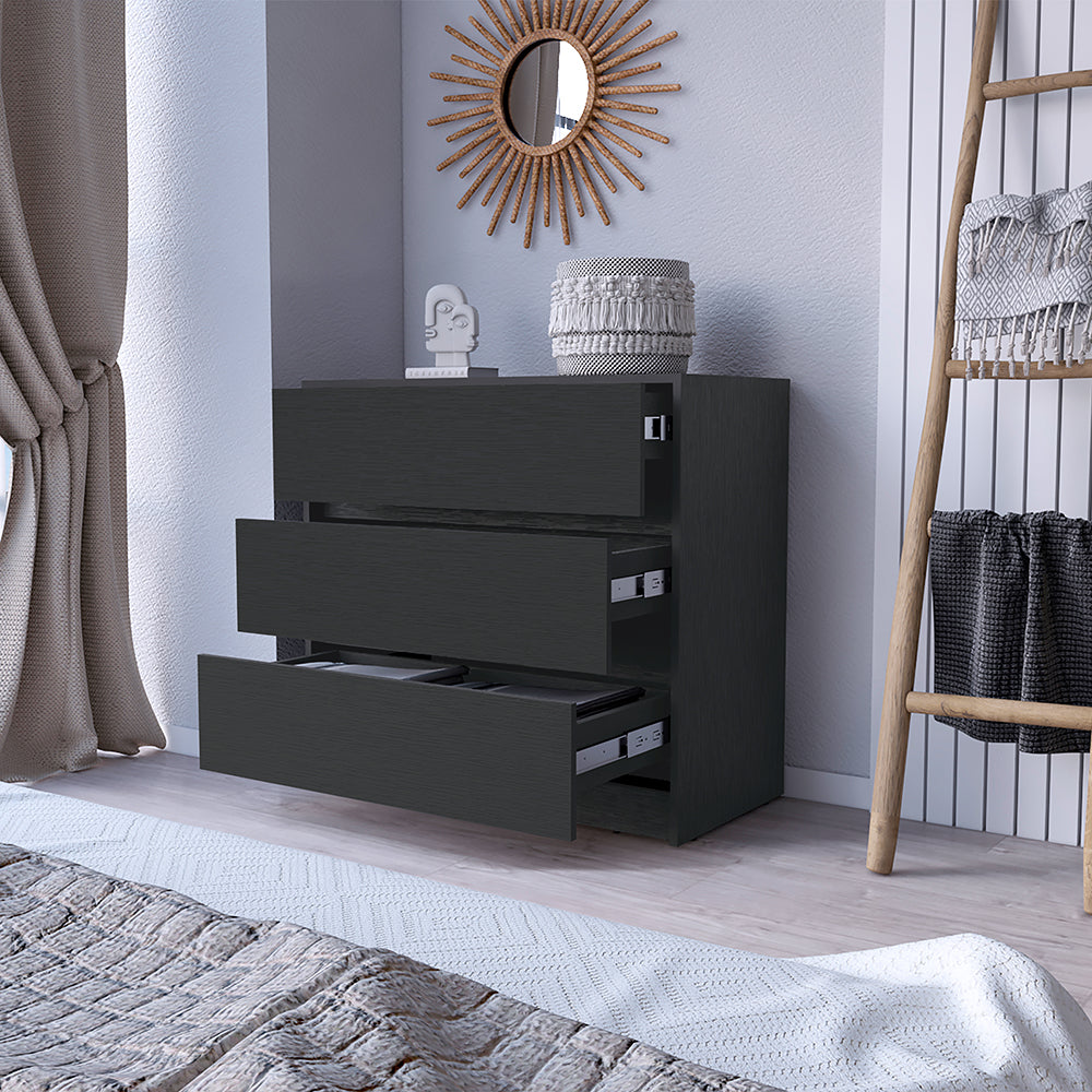 Dresser Maldus, Three Drawers, Black Wengue Finish Black Particle Board