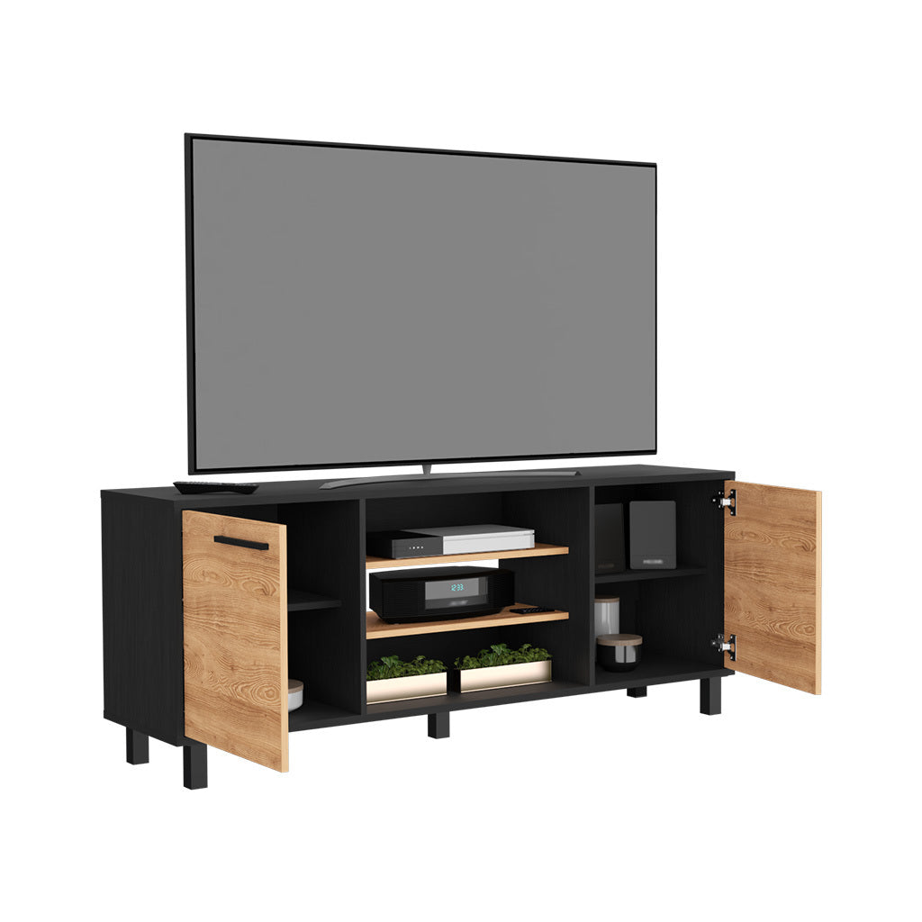 Tv Stand For Tv S Up 55" Washington, Four Shelves, Black Wengue Pine Finish White Particle Board