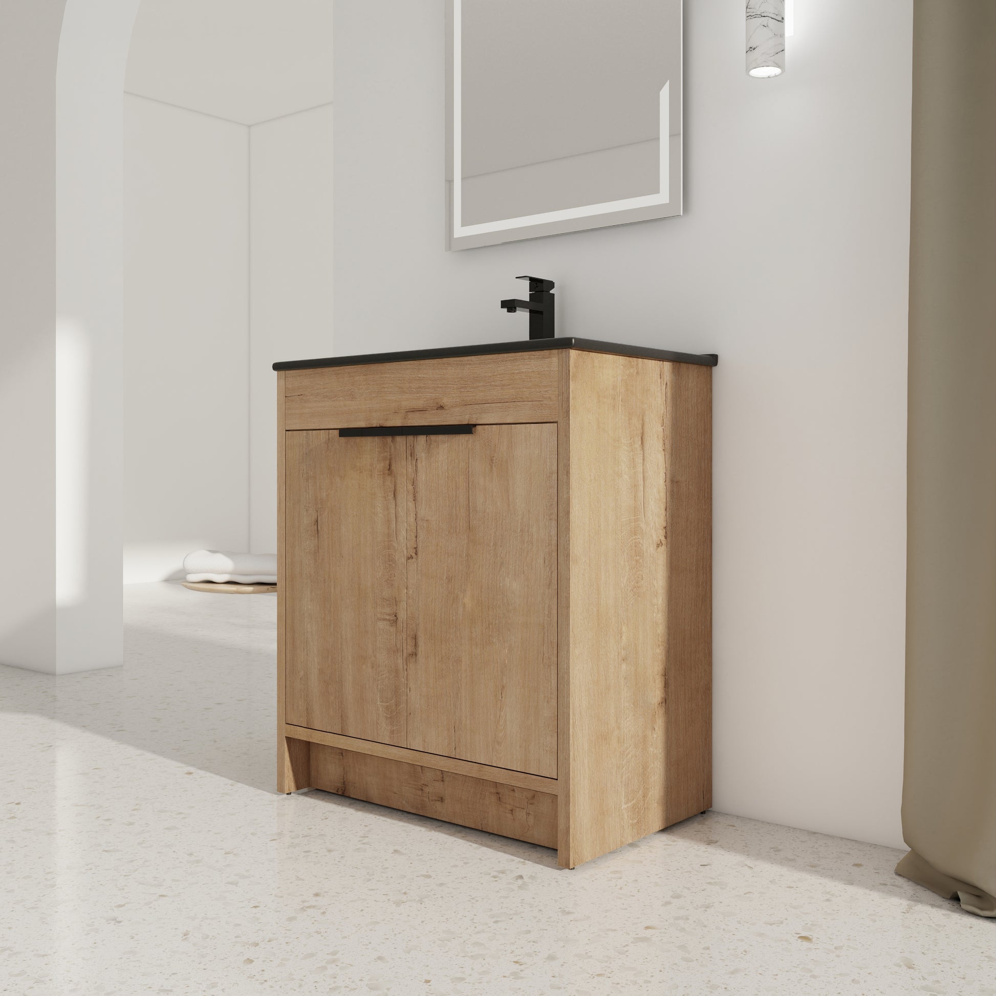 30" Freestanding Bathroom Cabinet With Basin & 2 Soft imitative oak-2-plywood