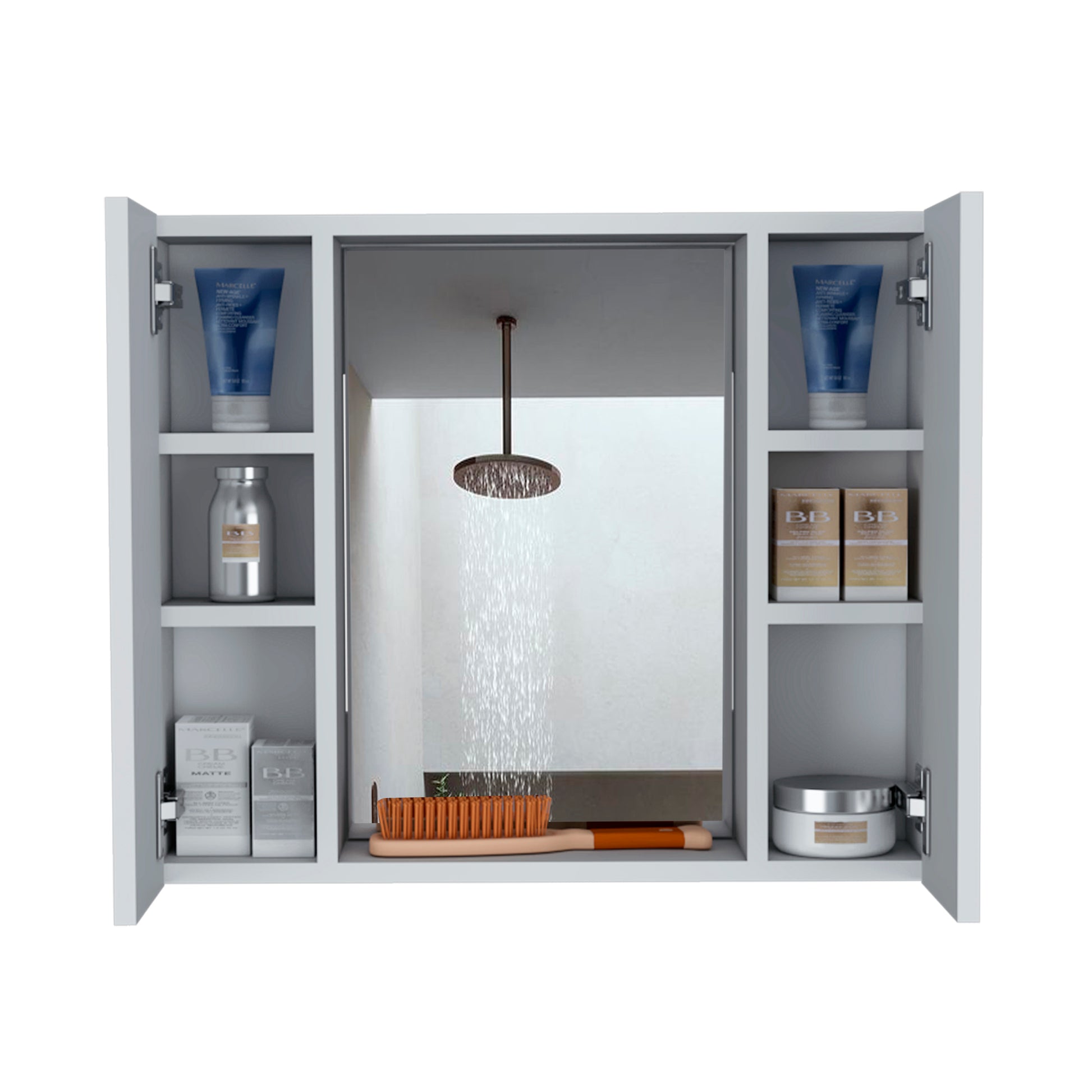 Medicine Cabinet Hops, Double Door, Mirror, One External Shelf, White Finish White Particle Board