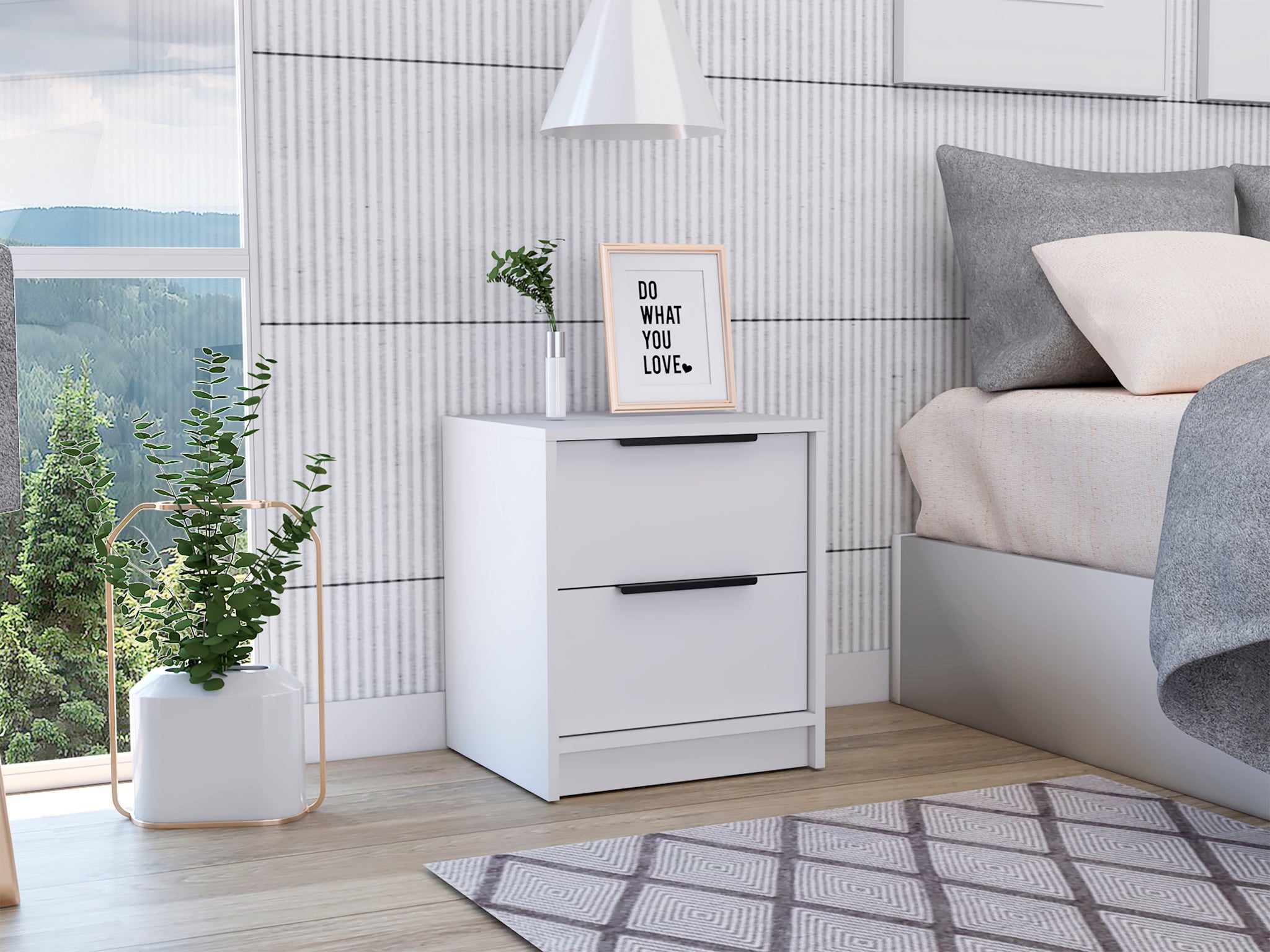 Nightstand Cervants, Two Drawers, Metal Handle, White Finish White Particle Board