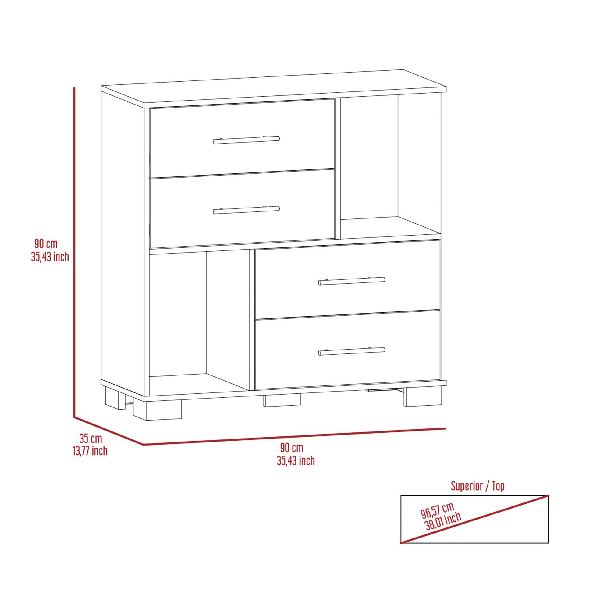 Dresser Hetzs, Four Drawers, Two Open Shelves, White Finish White Particle Board