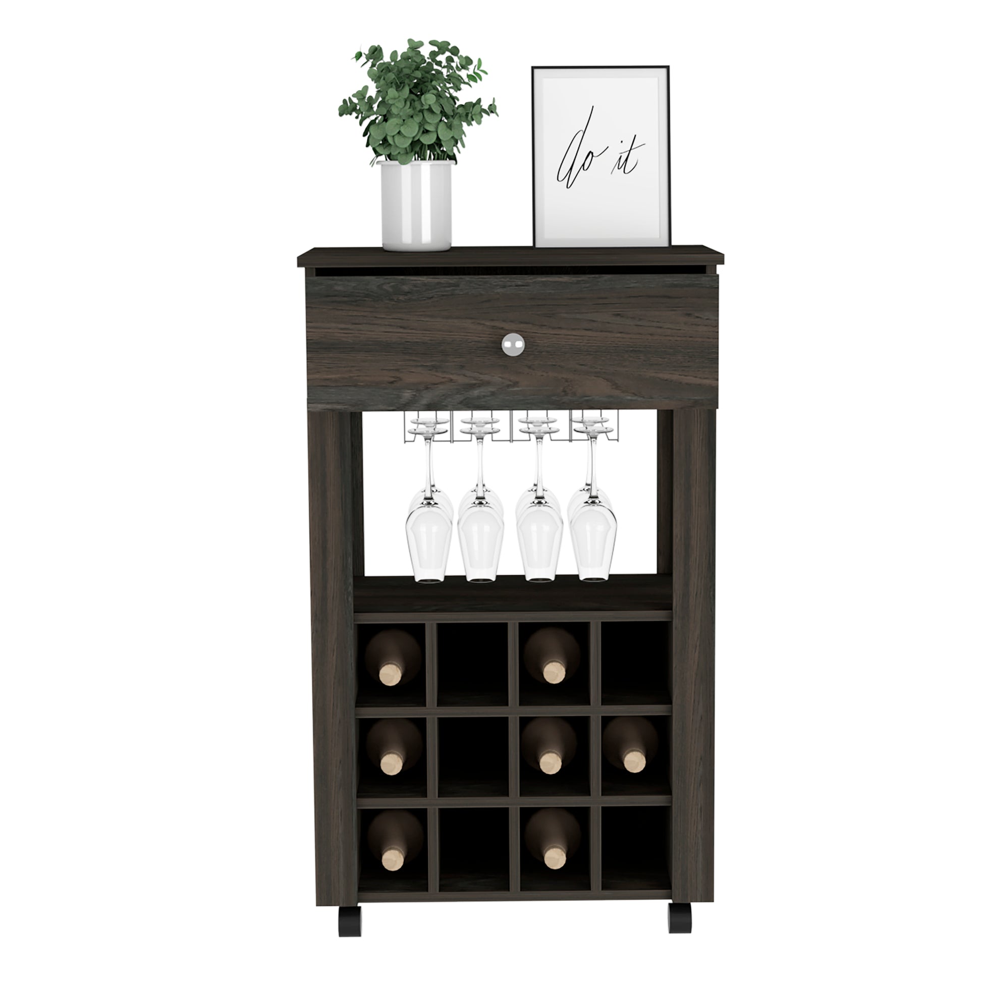 Bar Cart Bayamon, Twelve Wine Cubbies, Four Legs, Carbon Espresso Finish Espresso Particle Board