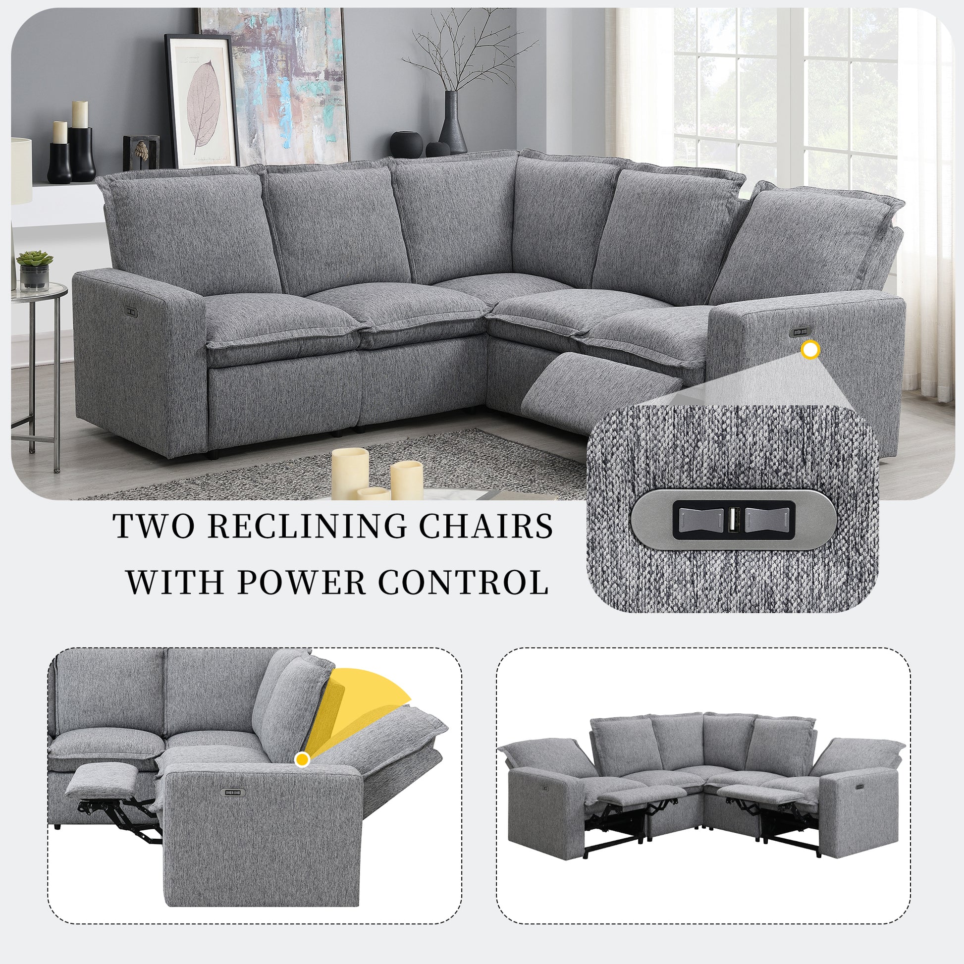 Power Recliner Chair Home Theater Seating Soft Chair With Usb Port For Living Room, Bedroom, Theater Room, Grey Grey Foam Linen