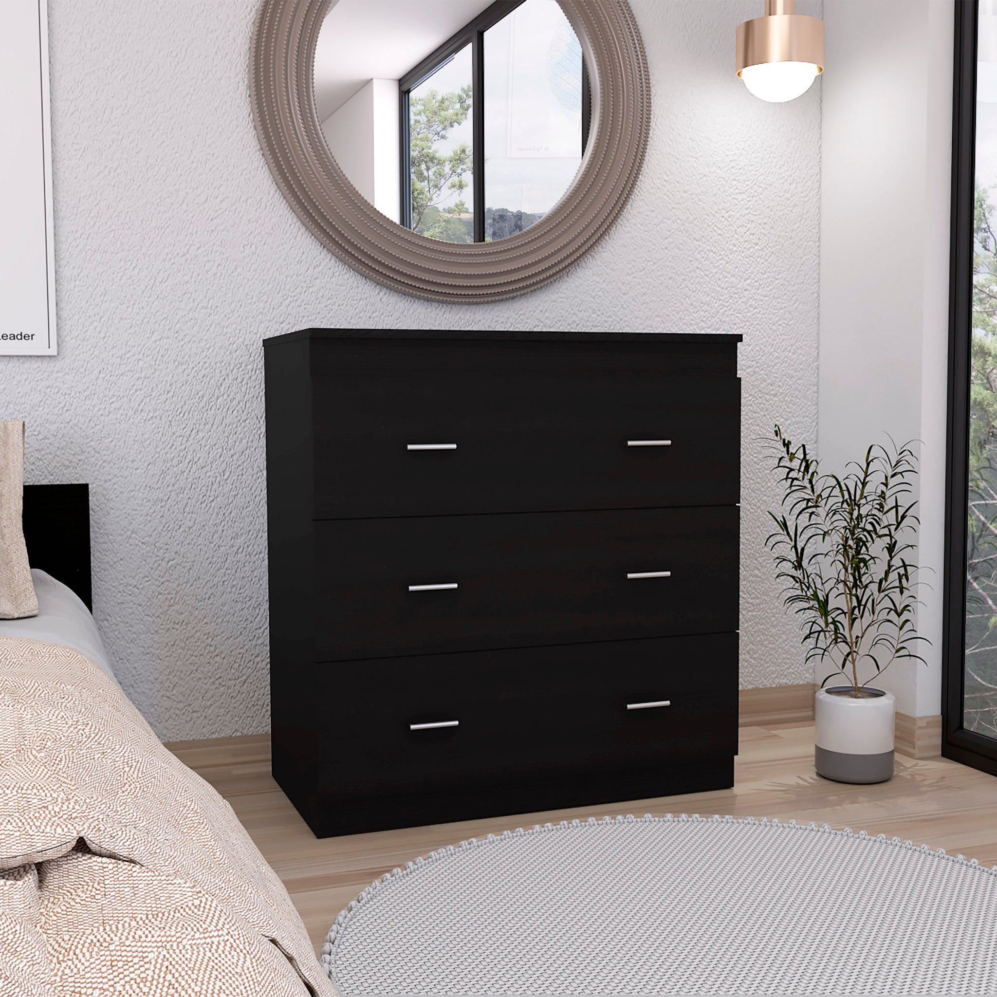 Three Drawer Dresser Litress, Metal Handles, Black Wengue Finish Black Particle Board