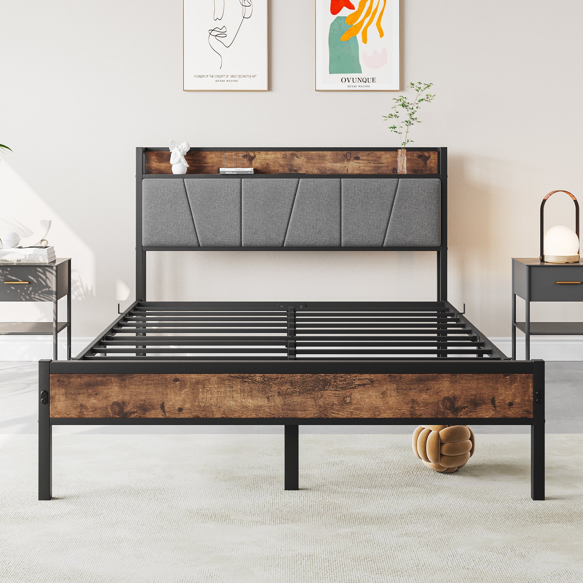 Full Size Bed Frame, Storage Headboard with Charging box spring not