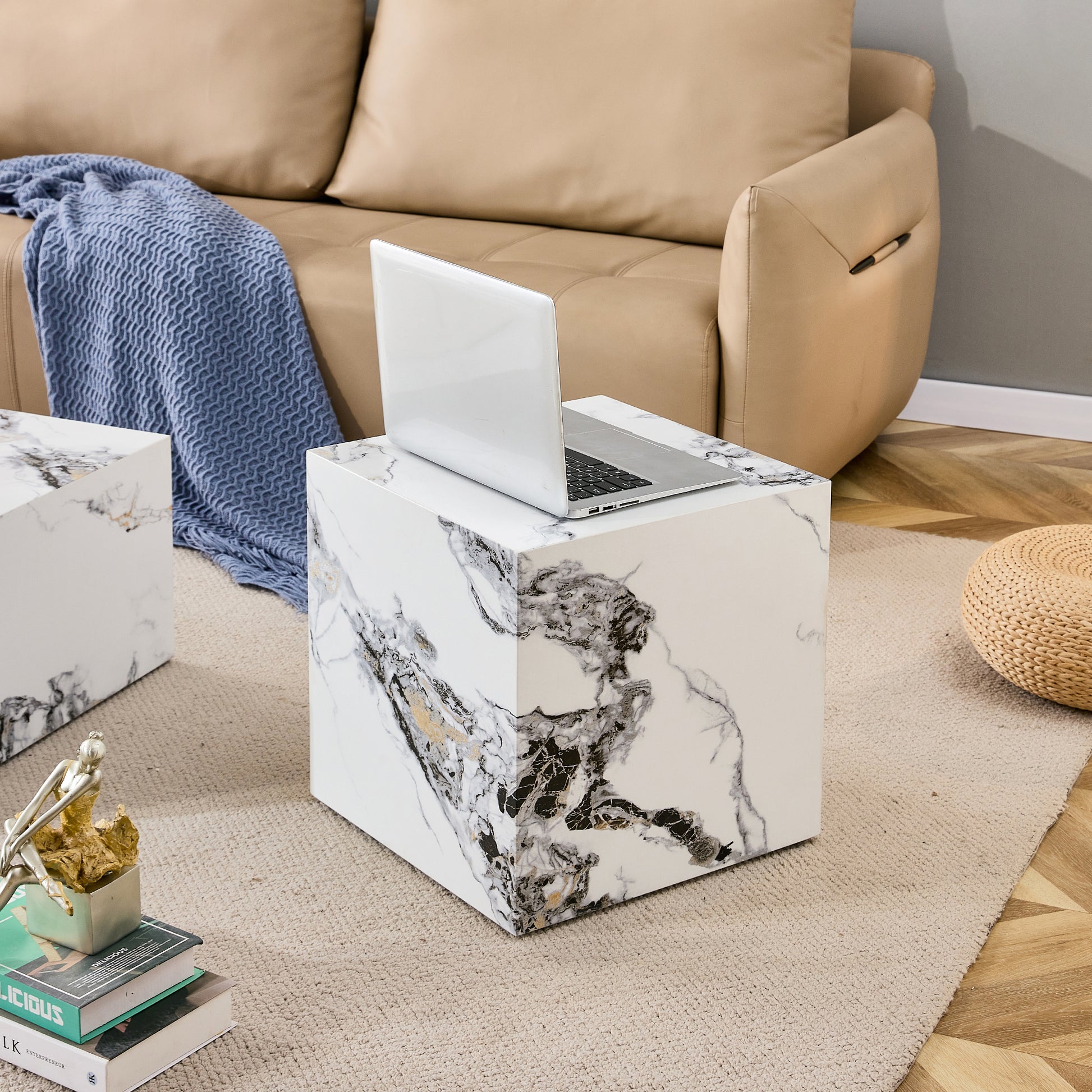 Modern White Mdf Sticker Material Cube Stylish Texture Design Coffee Table 15.75 Inches White Mdf