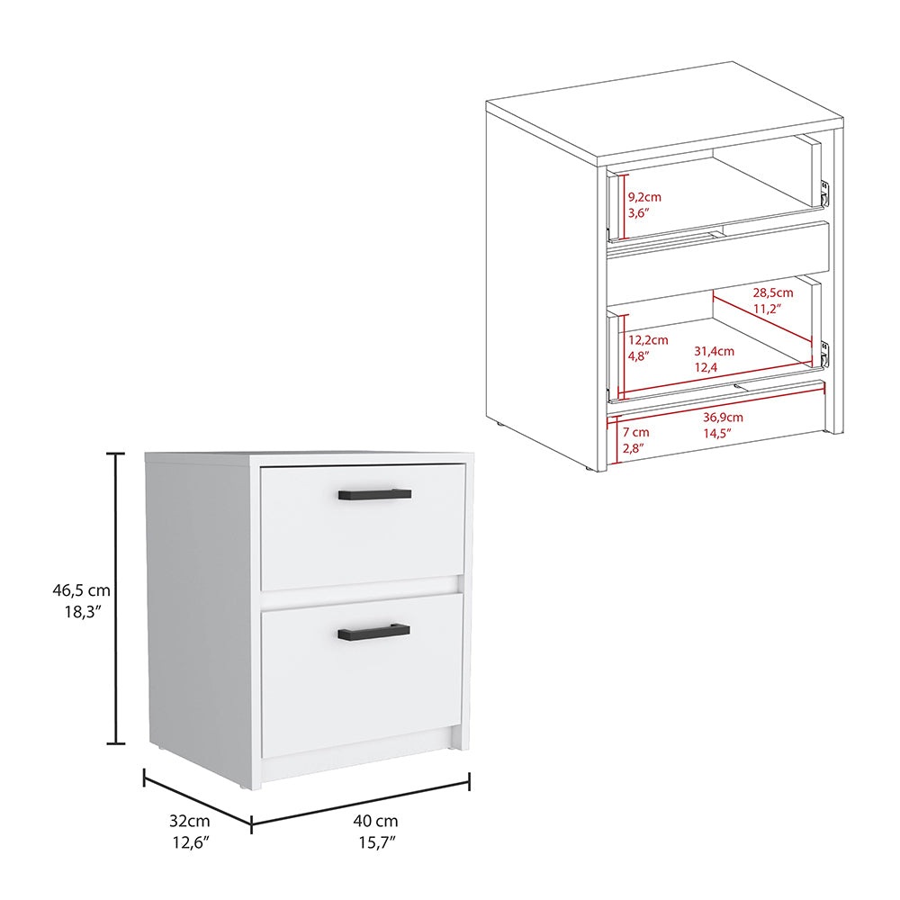 Nightstand Chequered, Two Drawes, White Finish White Particle Board