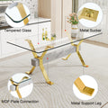 Dining Table. Modern Tempered Glass Dining Table. Large Modern Office Desk With Gold Plated Metal Legs And Mdf Crossbars, Suitable For Both Home And Office Use. Kitchen. 79 ''X39''X30 '' 1105 Transparent Glass