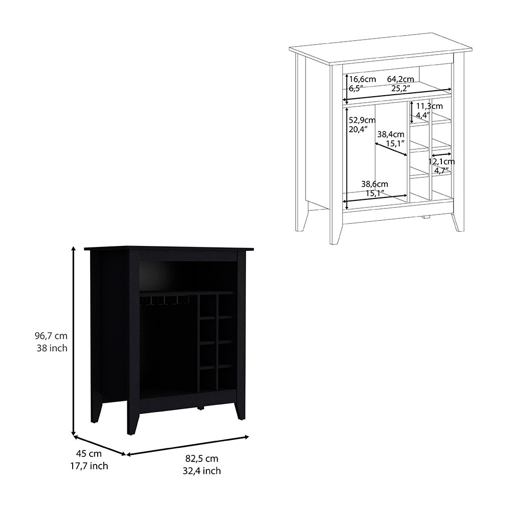 Bar Cabinet Castle, One Open Shelf, Six Wine Cubbies, Black Wengue Finish Black Particle Board