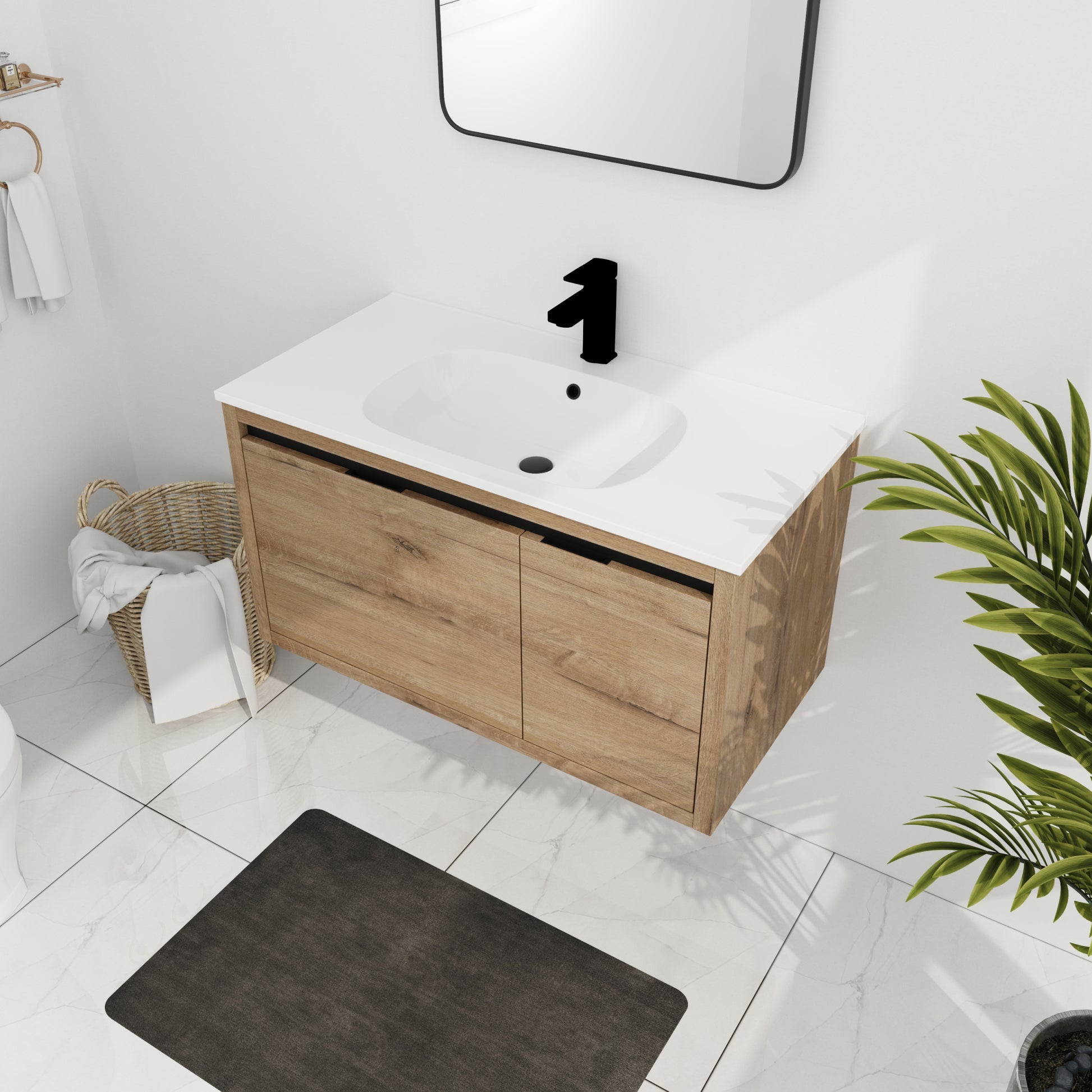 36 Inch Wall Mounted Bathroom Vanity With Gel Sink 1 Imitative Oak 1 Bathroom Wall Mounted Modern Plywood