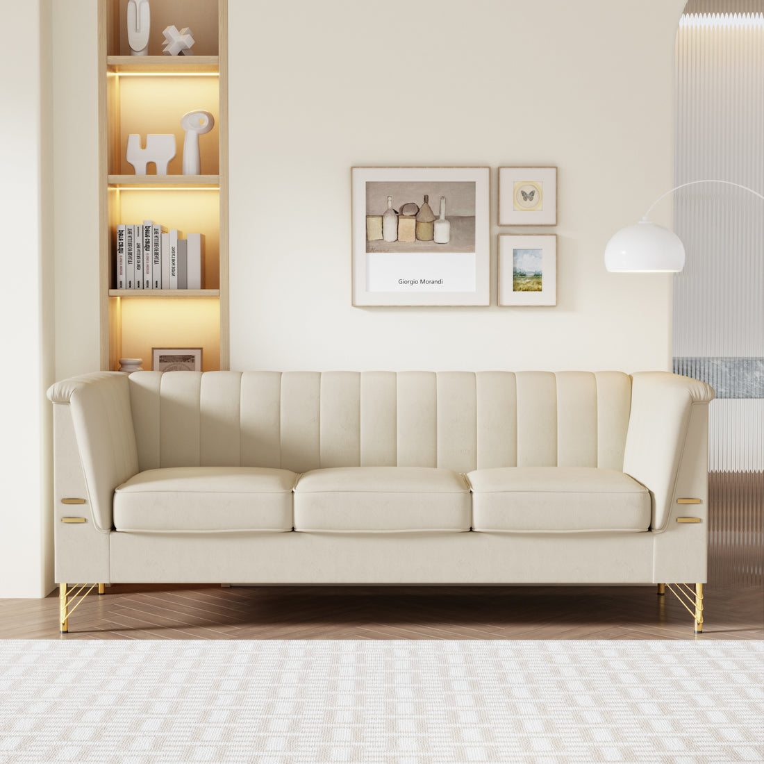 Fx P82 Be Sofa Modern Chenille Sofa, 82.67" Upholstered Couch With Bolster Armrest, 3 Seat Sofa For Living Room, Bedroom, Office, Apartment, Dorm, Beige Beige Velvet 3 Seat