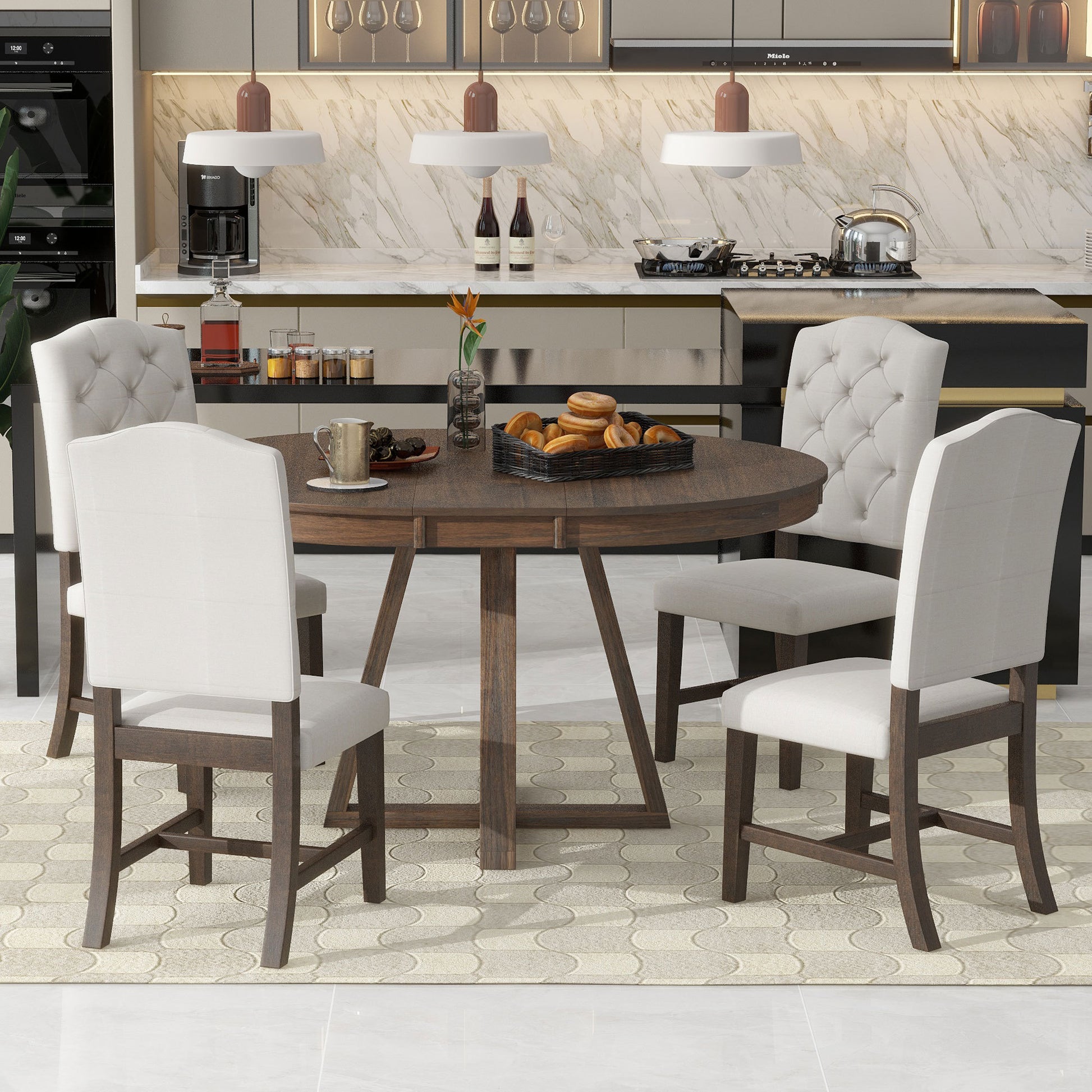 5 Piece Retro Functional Dining Set, Round Table With A 16"W Leaf And 4 Upholstered Chairs For Dining Room And Living Room Walnut Walnut Solid Wood