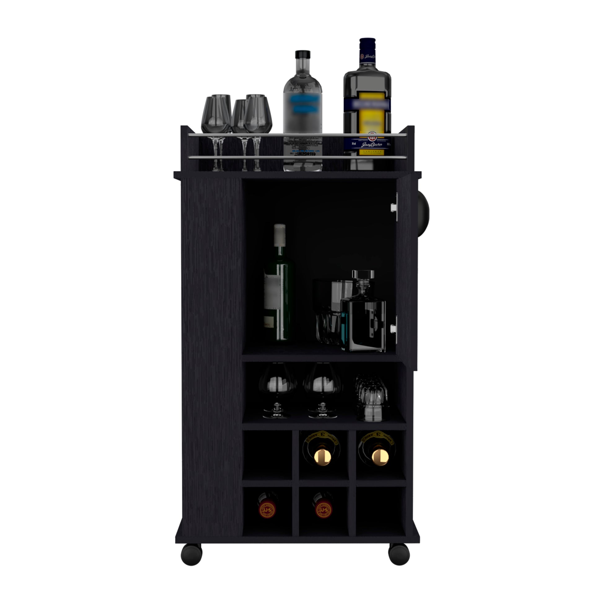 Bar Cart With Casters Reese, Six Wine Cubbies And Single Door, Black Wengue Finish Black Particle Board