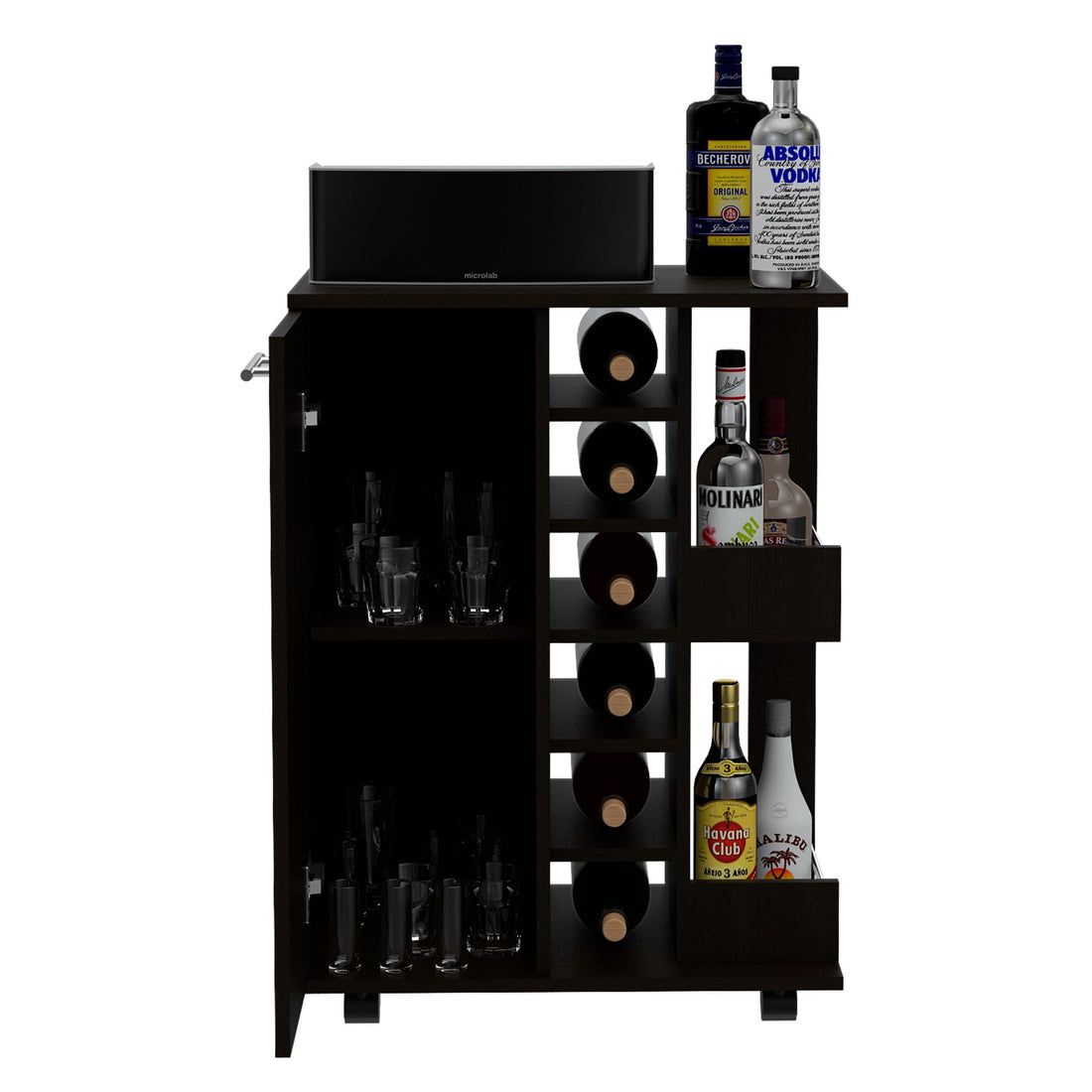 Bar Cart Wells, Four Casters, Black Wengue Finish Black Particle Board