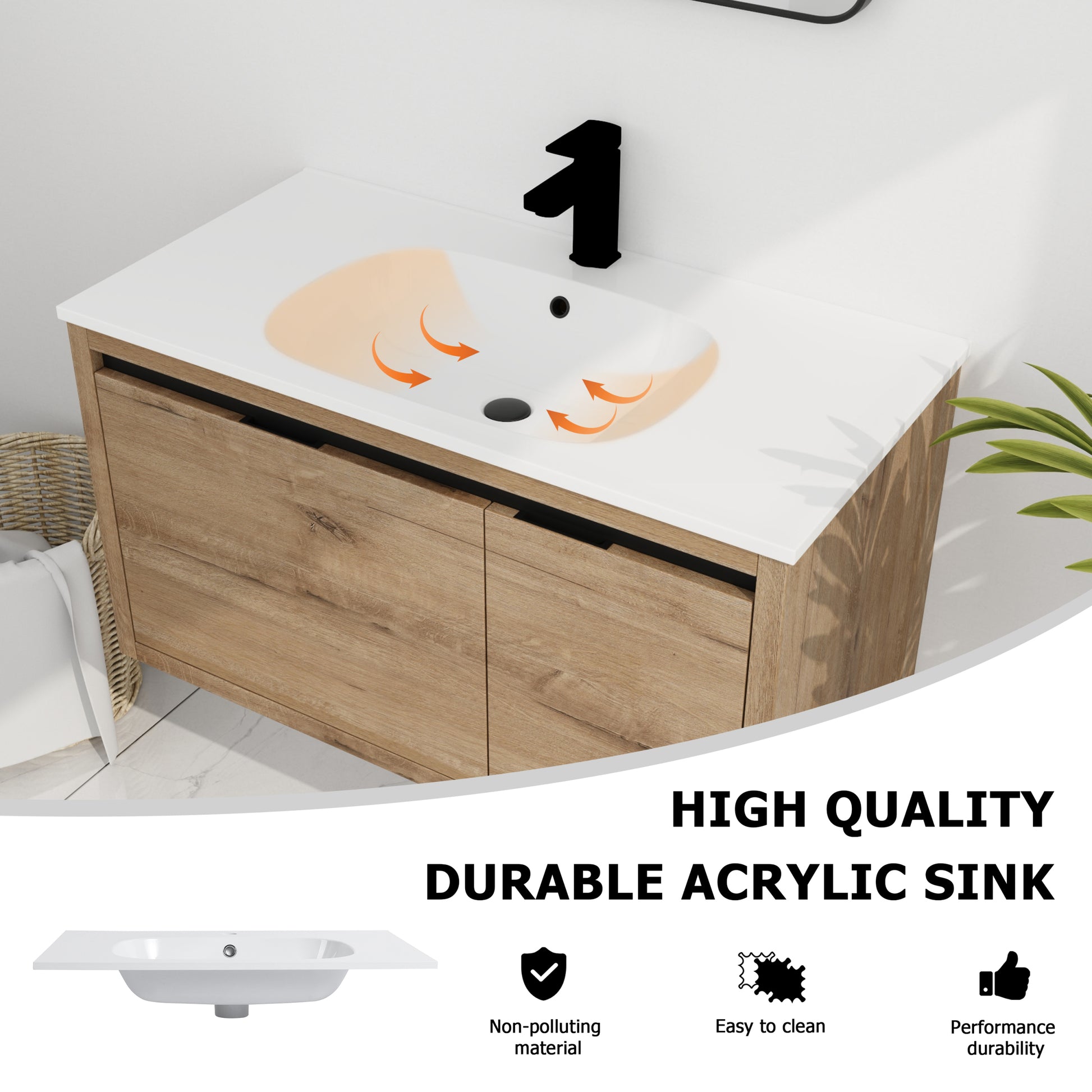 36 Inch Wall Mounted Bathroom Vanity With Gel Sink 1 Imitative Oak 1 Bathroom Wall Mounted Modern Plywood