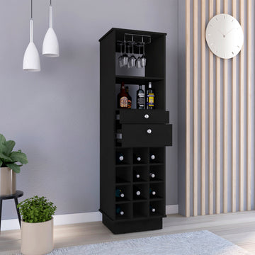 Bar Cabinet Bureck, Two Drawers, Twelve Wine Cubbies, Black Wengue Finish Black Particle Board