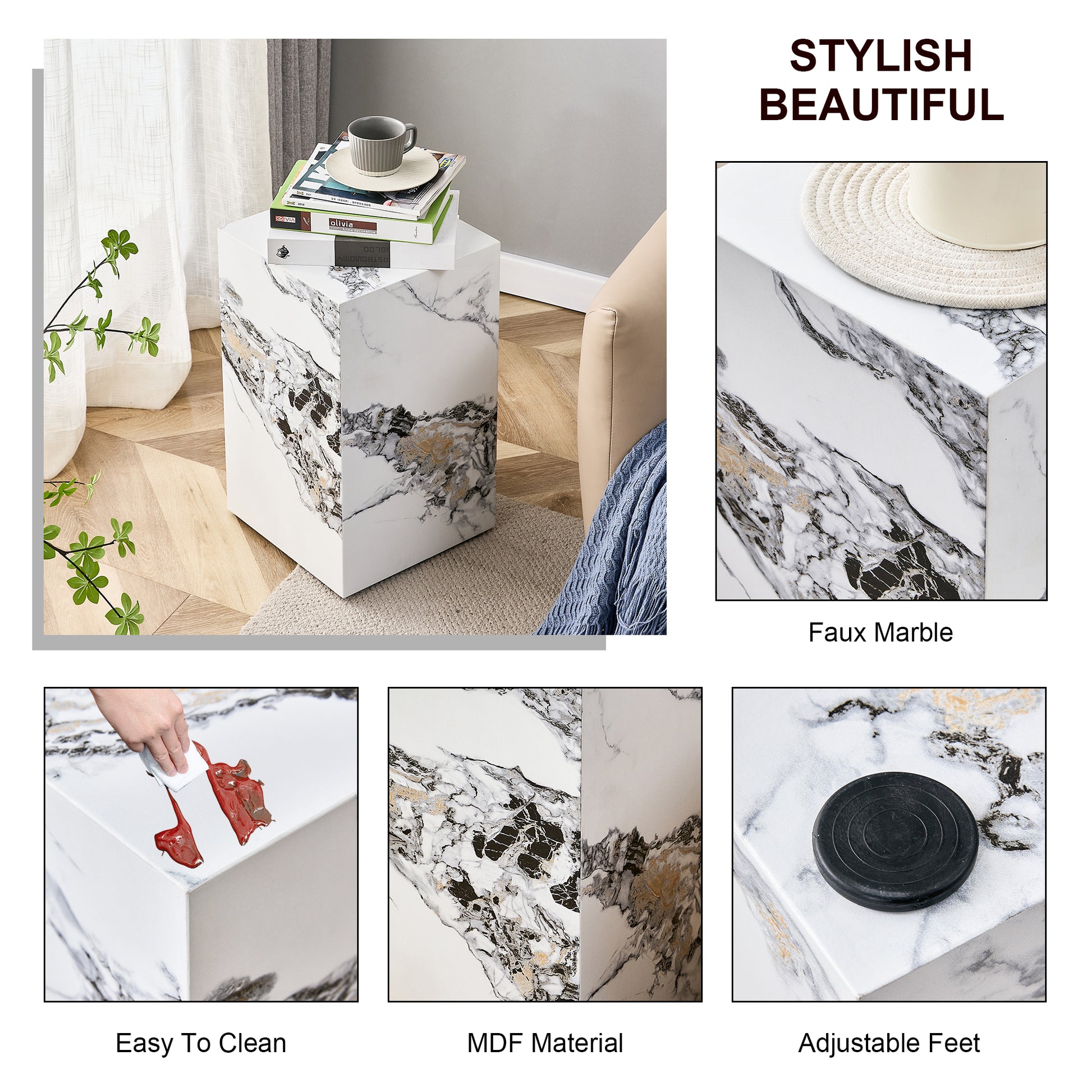 Compact Mdf Coffee Table: 11.81X11.81X19.69 Inches, Stylish Texture Design White Mdf