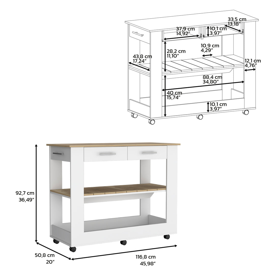 Kitchen Island 46 Inches Dozza, Two Drawers, White white-particle board