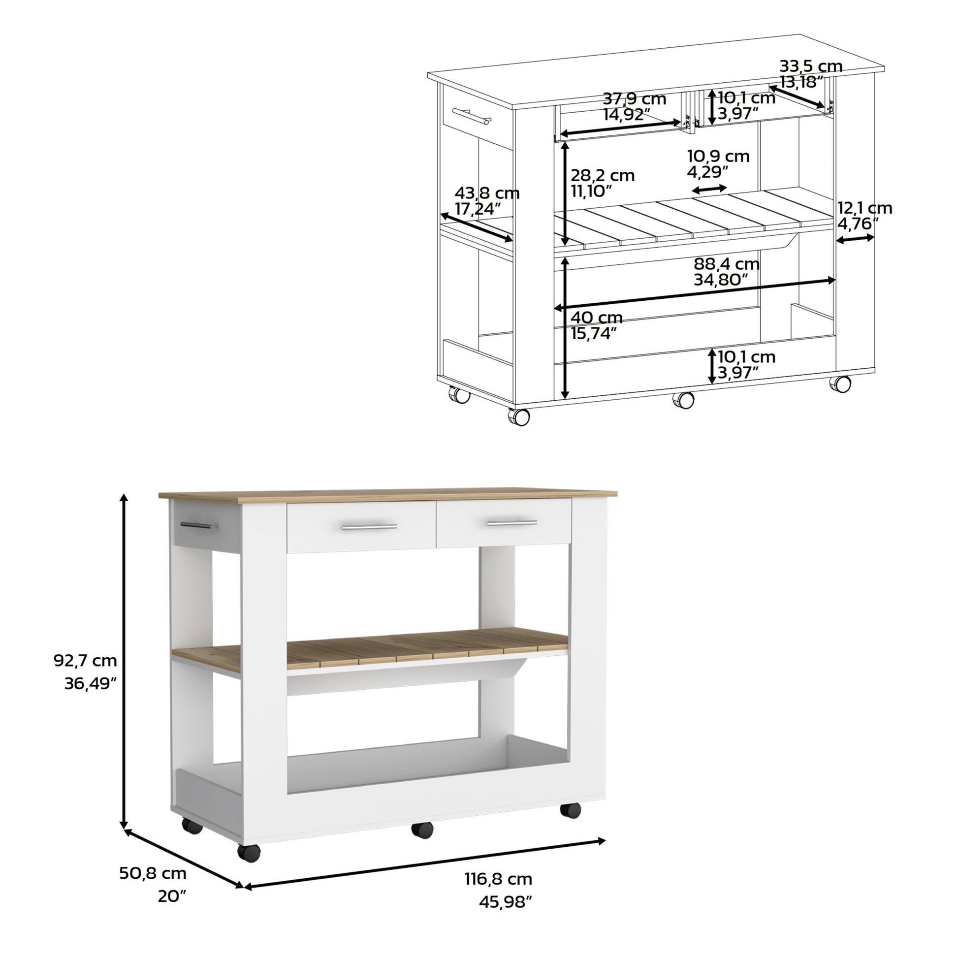 Kitchen Island 46 Inches Dozza, Two Drawers, White Light Oak Finish White Light Oak Particle Board