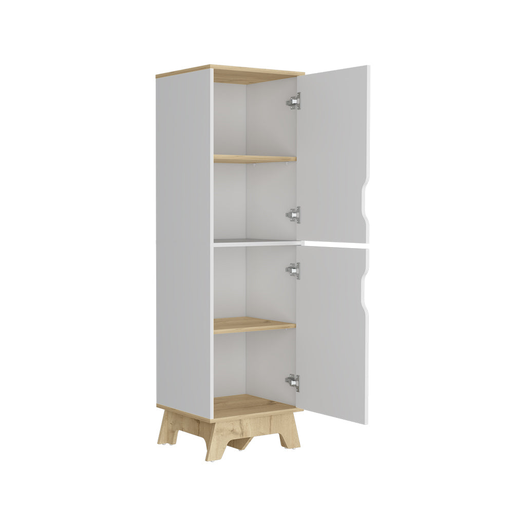 Single Kitchen Pantry Wallas, Four Shelves, Two Doors, Light Oak White Finish Light Oak Particle Board