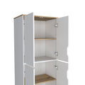 Double Kitchen Pantry Wallas, Double Door, Four Legs, Four Shelves, Light Oak White Finish Light Oak Particle Board