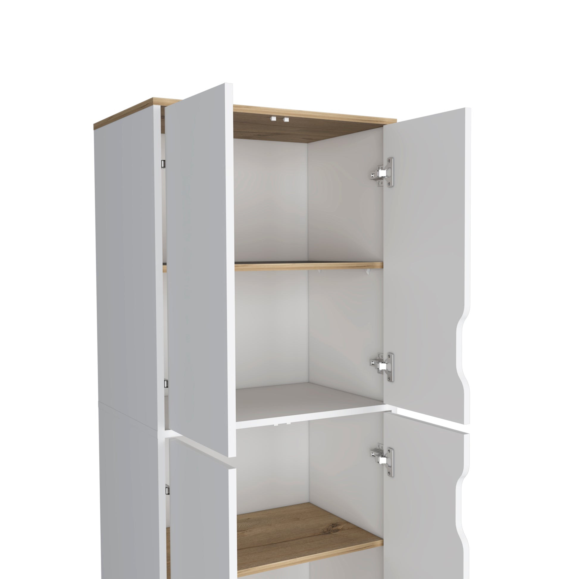 Double Kitchen Pantry Wallas, Double Door, Four Legs, Four Shelves, Light Oak White Finish Light Oak Particle Board