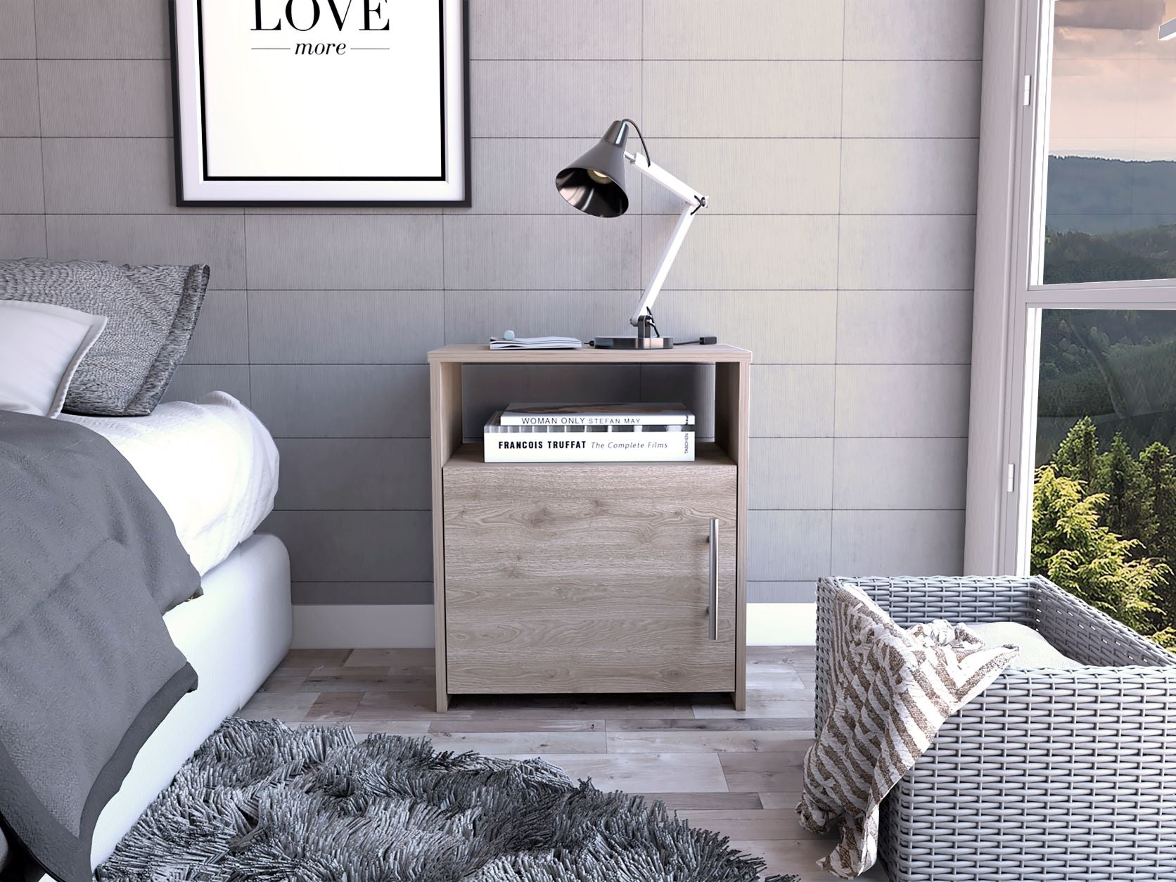 Nightstand Cuarzz, One Cabinet, Light Gray Finish Light Gray Particle Board