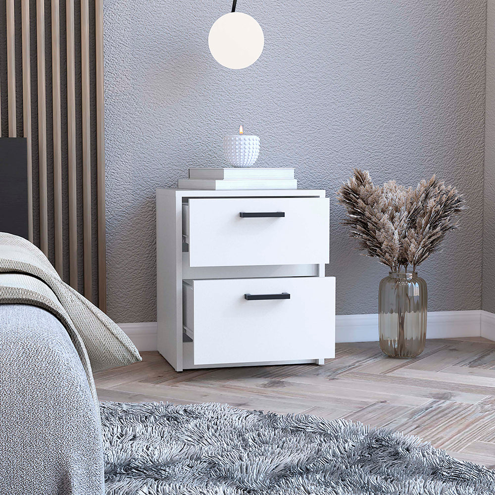 Nightstand Chequered, Two Drawes, White Finish white-particle board