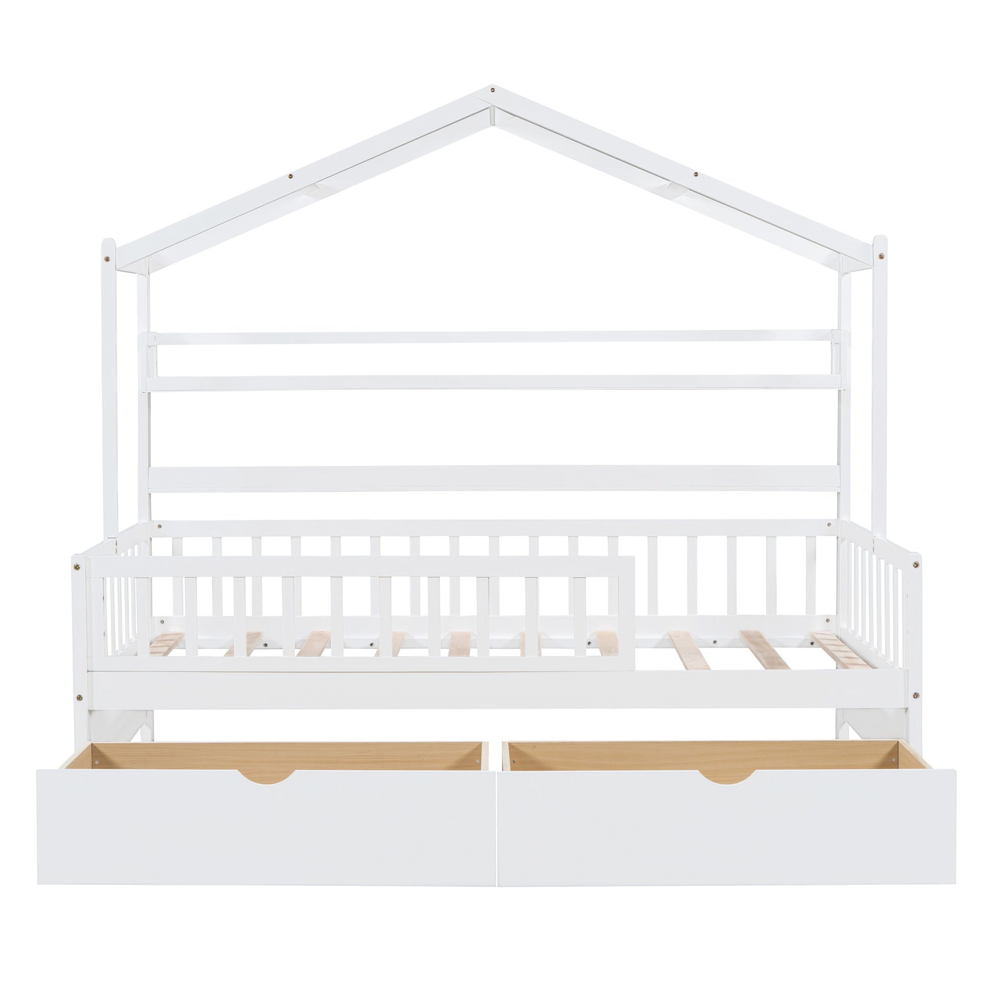 Wooden Twin Size House Bed With 2 Drawers,Kids Bed With Storage Shelf, White White Wood