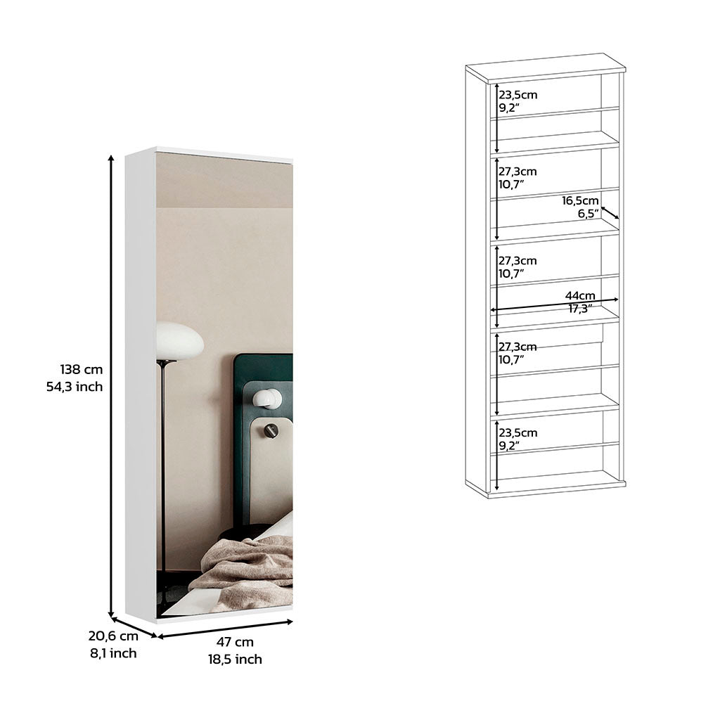 Wall Mounted Shoe Rack With Mirror Chimg, Single Door, White Finish White Particle Board