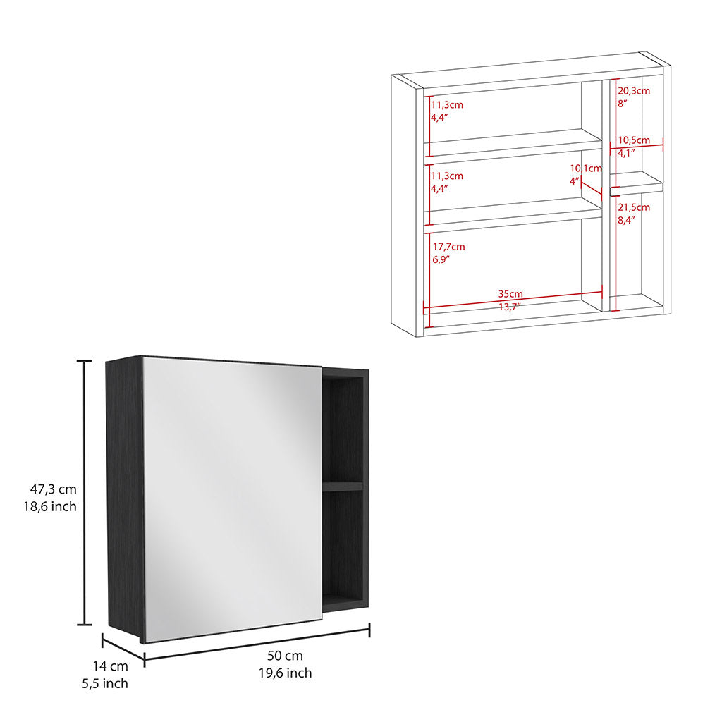 Medicine Cabinet Viking, Three Internal Shelves, Single Door, Two External Shelves, Black Wengue Finish Black Particle Board