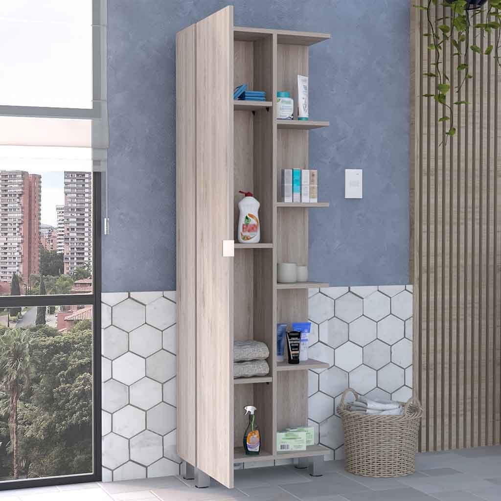 Corner Cabinet Womppi, Five Open Shelves, Single Door, Light Gray Finish Light Gray Particle Board