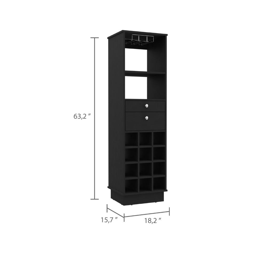 Bar Cabinet Bureck, Two Drawers, Twelve Wine Cubbies, Black Wengue Finish Black Particle Board