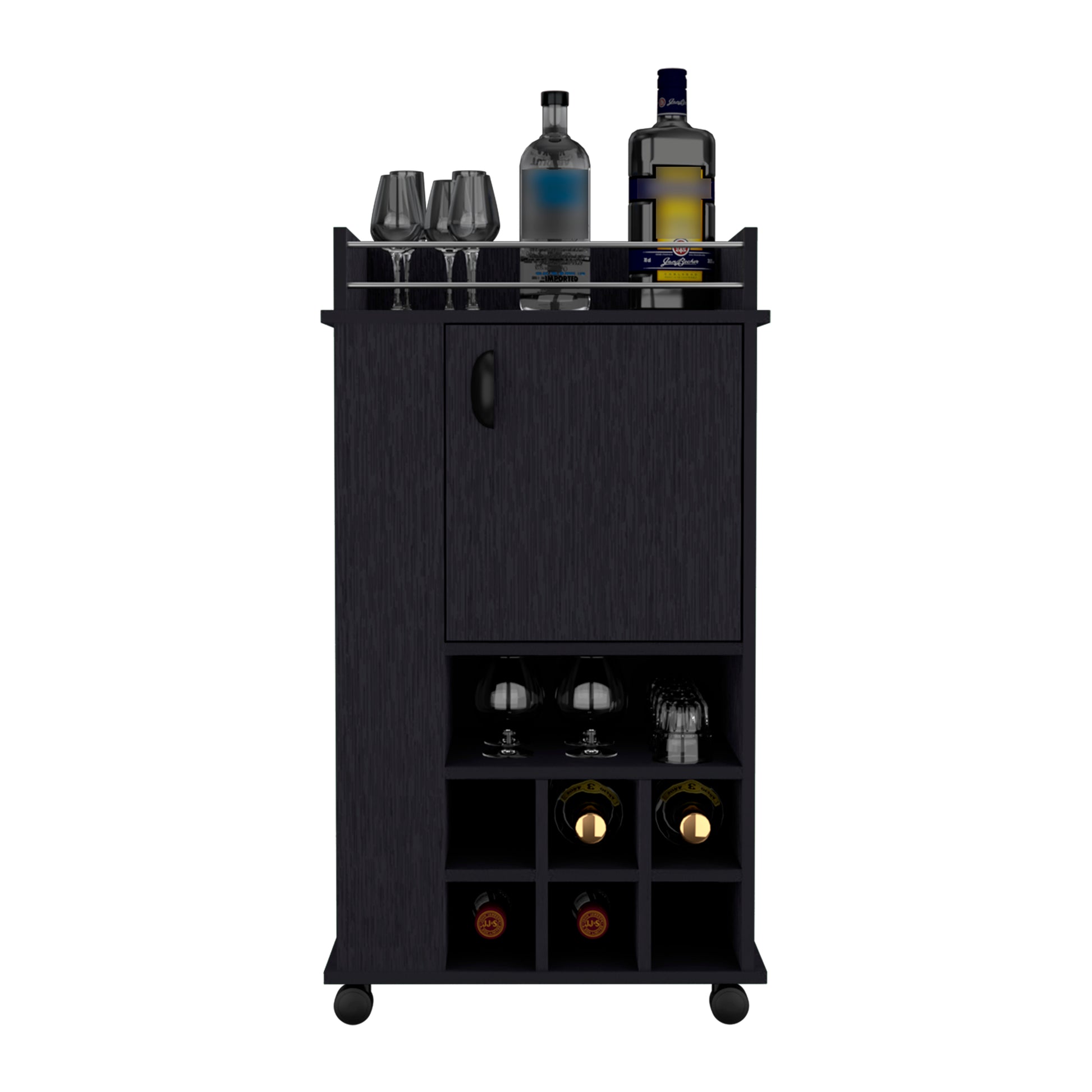 Bar Cart With Casters Reese, Six Wine Cubbies And Single Door, Black Wengue Finish Black Particle Board