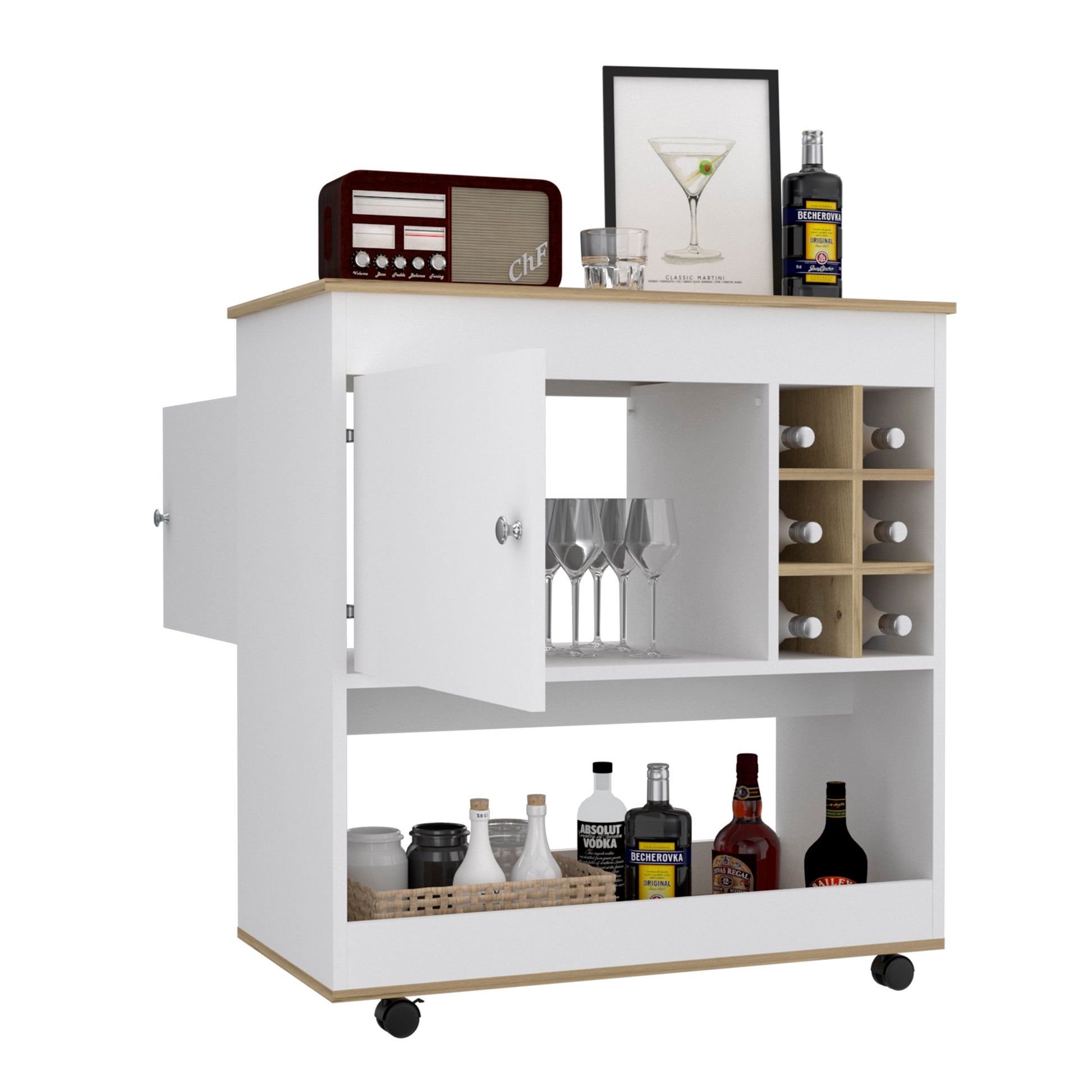 Bar Cart Aloha, Lower Panel, Six Bottle Cubbies, One Cabinet, Light Oak White Finish Light Oak Particle Board