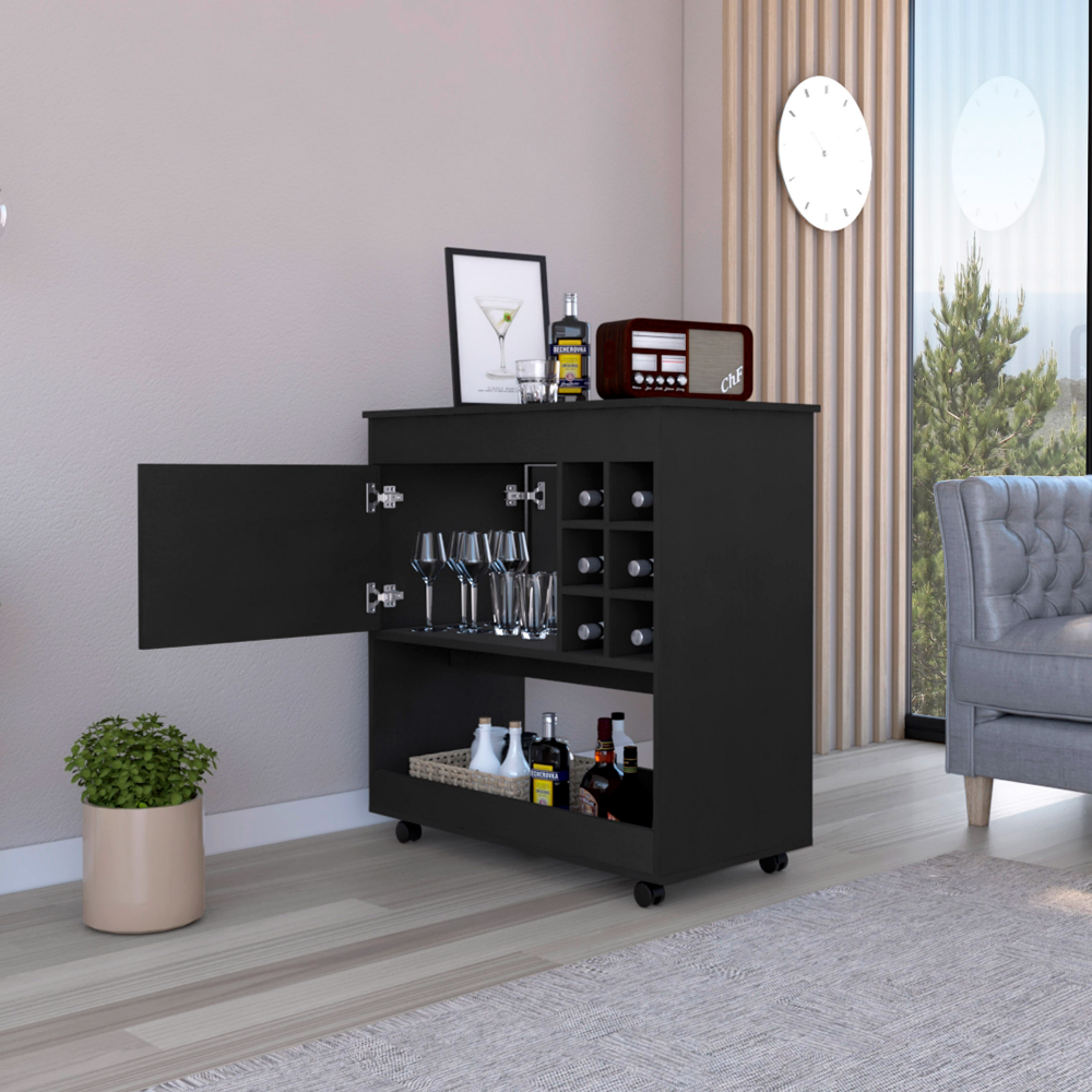 Bar Back Cubbies Bar Cart Aloha, Lower Panel, Six Bottle Cubbies, One Cabinet, Black We