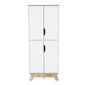 Double Kitchen Pantry Wallas, Double Door, Four Legs, Four Shelves, Light Oak White Finish Light Oak Particle Board