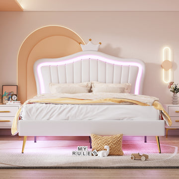 Queen Size Upholstered Bed Frame With Led Lights,Modern Upholstered Princess Bed With Crown Headboard,White White Pu