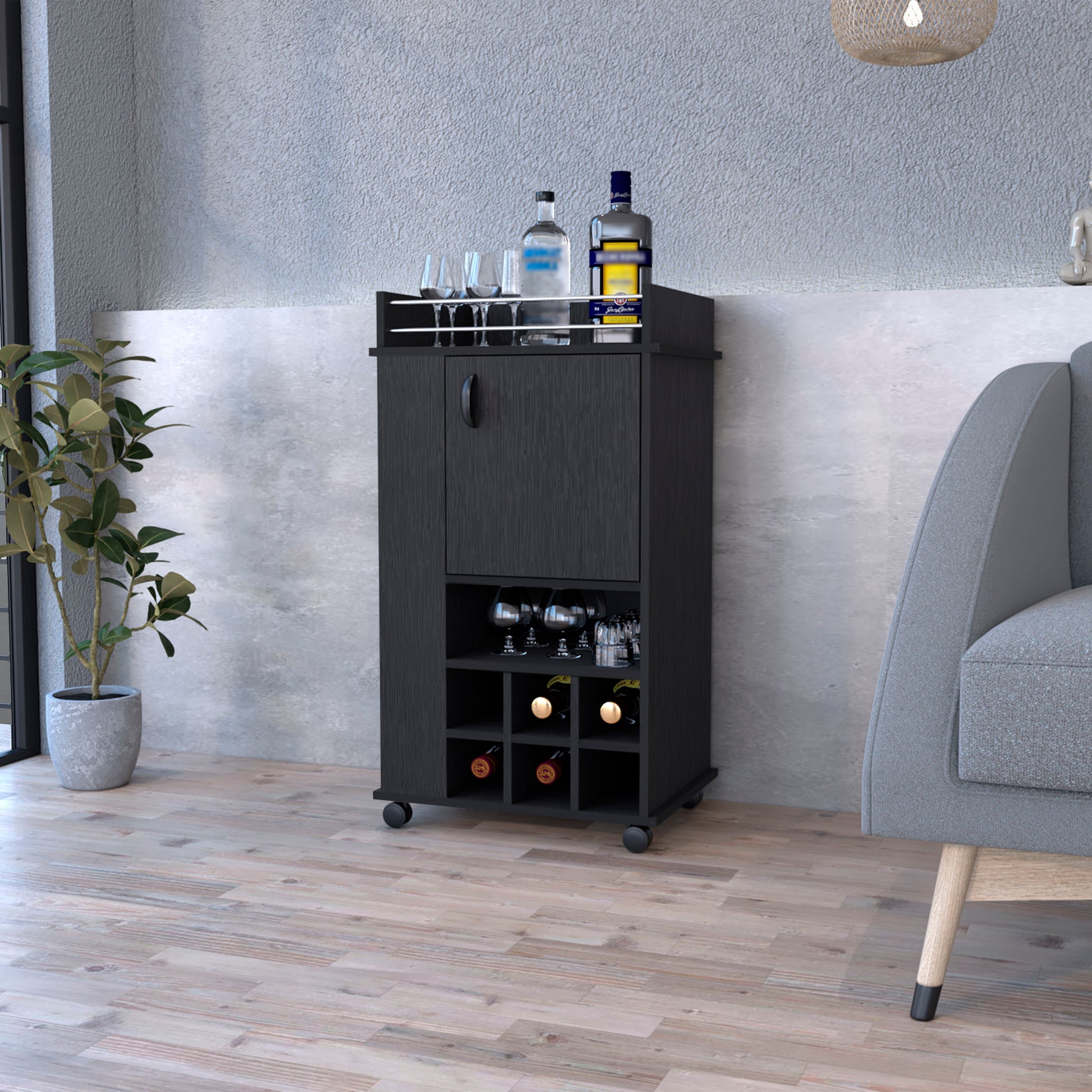 Bar Cart With Casters Reese, Six Wine Cubbies And Single Door, Black Wengue Finish Black Particle Board