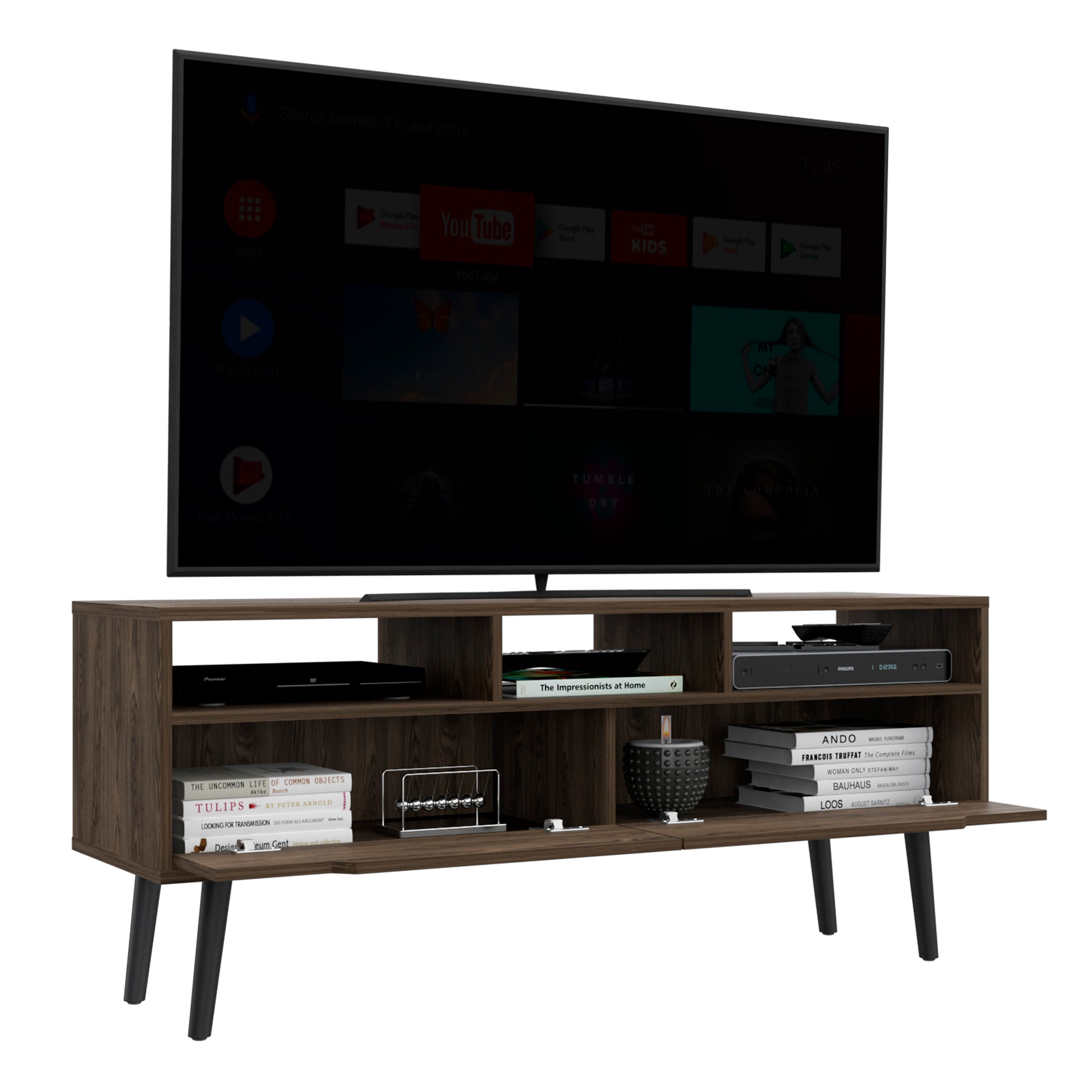 Tv Stand For Tv S Up 52" Bull, Three Open Shelves, Two Flexible Drawers, Dark Walnut Finish Walnut 50 59 Inches Particle Board