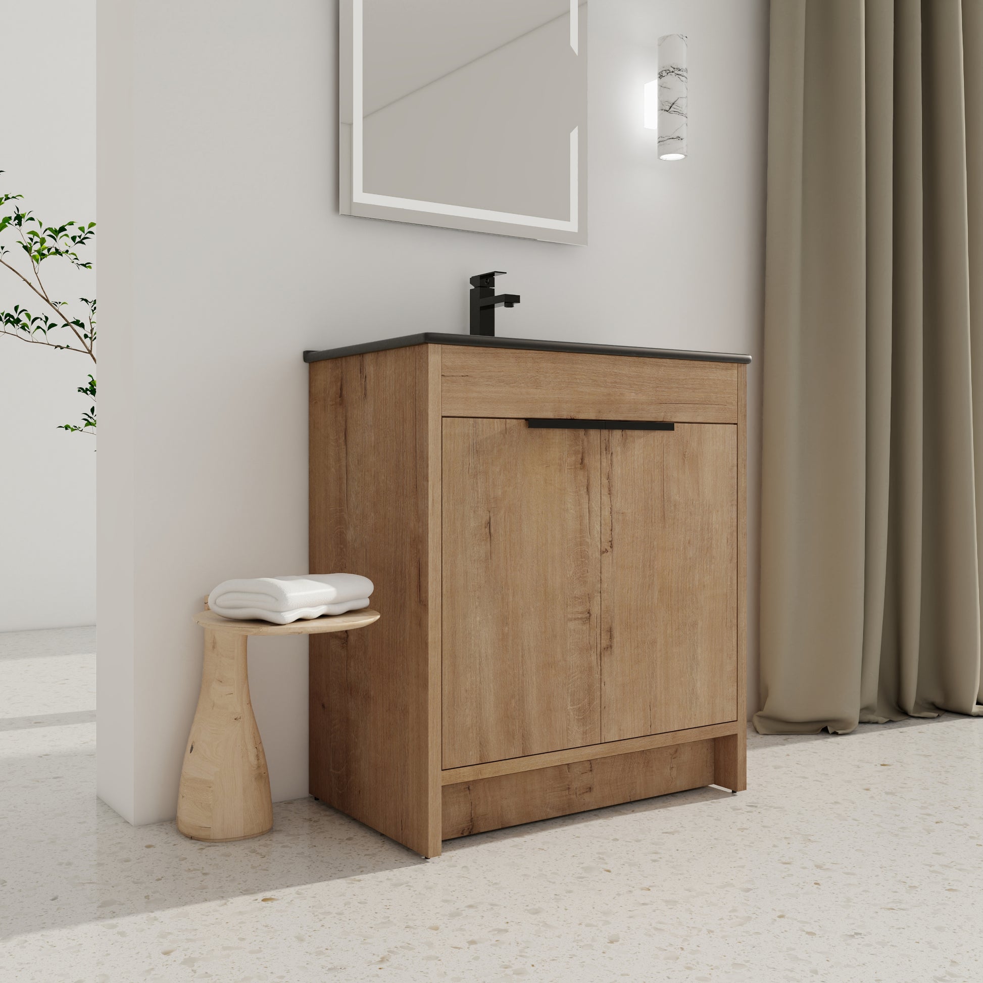 30" Freestanding Bathroom Cabinet With Basin & 2 Soft imitative oak-2-plywood