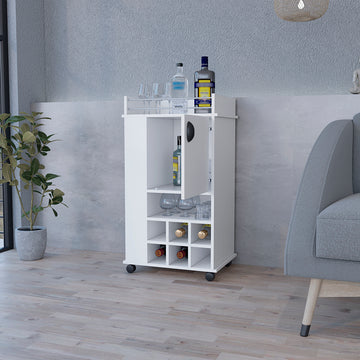 Bar Cart With Casters Reese, Six Wine Cubbies And Single Door, White Finish White Particle Board