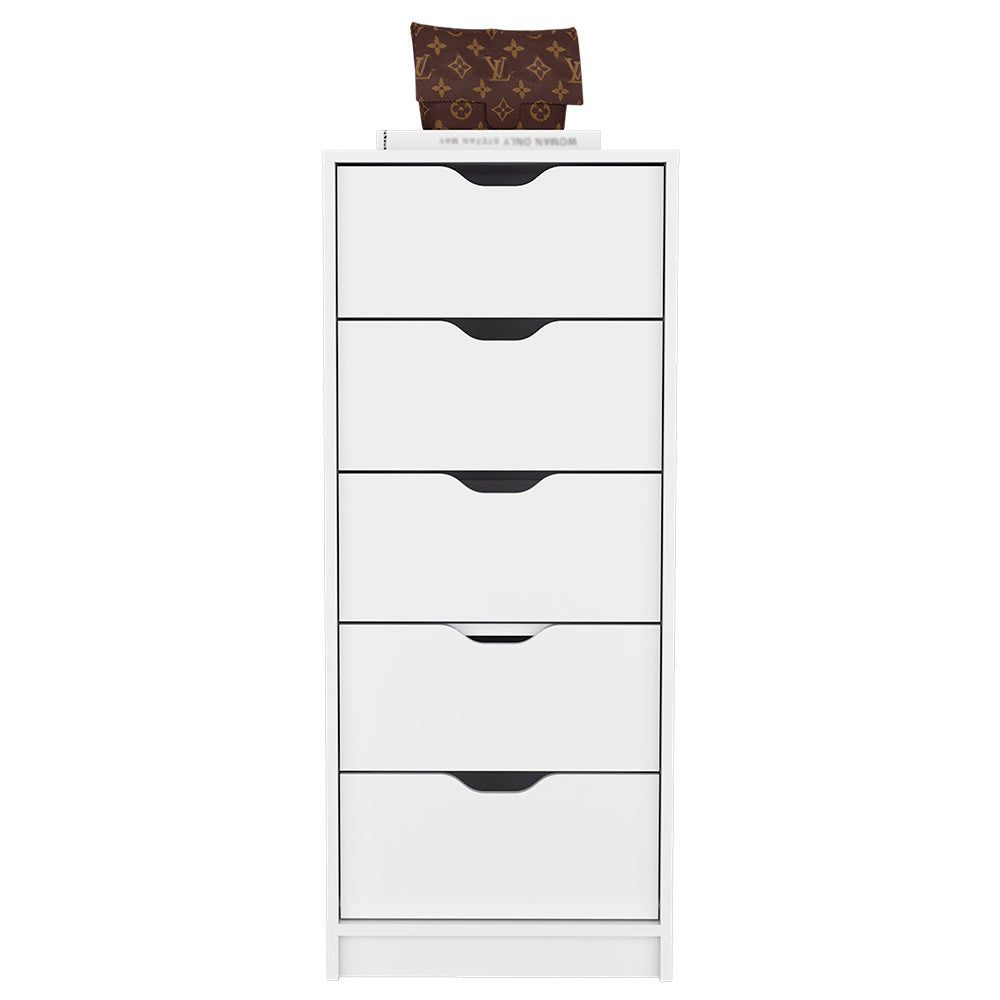 Dresser Kamran, Five Drawer Narrows, White Finish White Particle Board