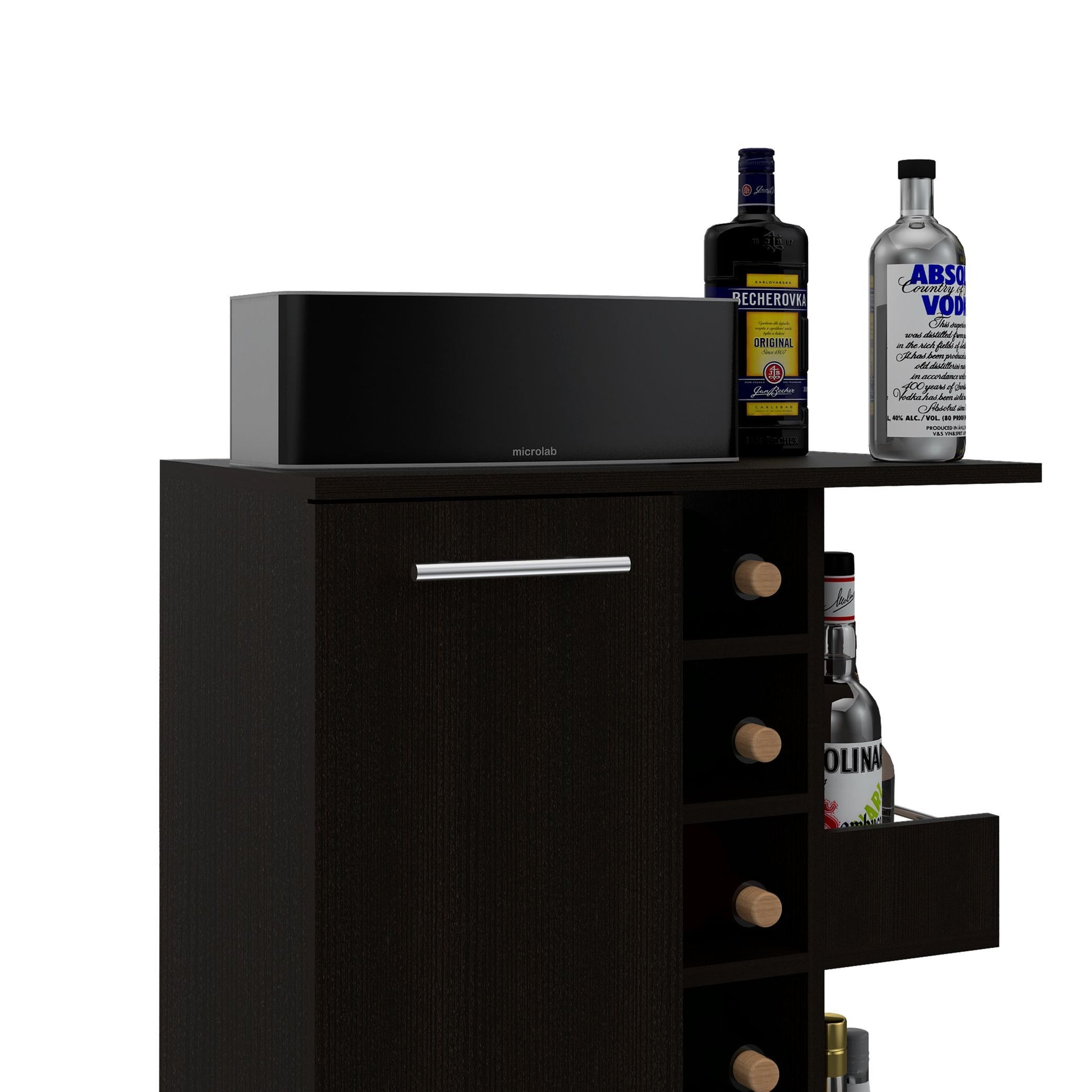 Bar Cart Wells, Four Casters, Black Wengue Finish Black Particle Board