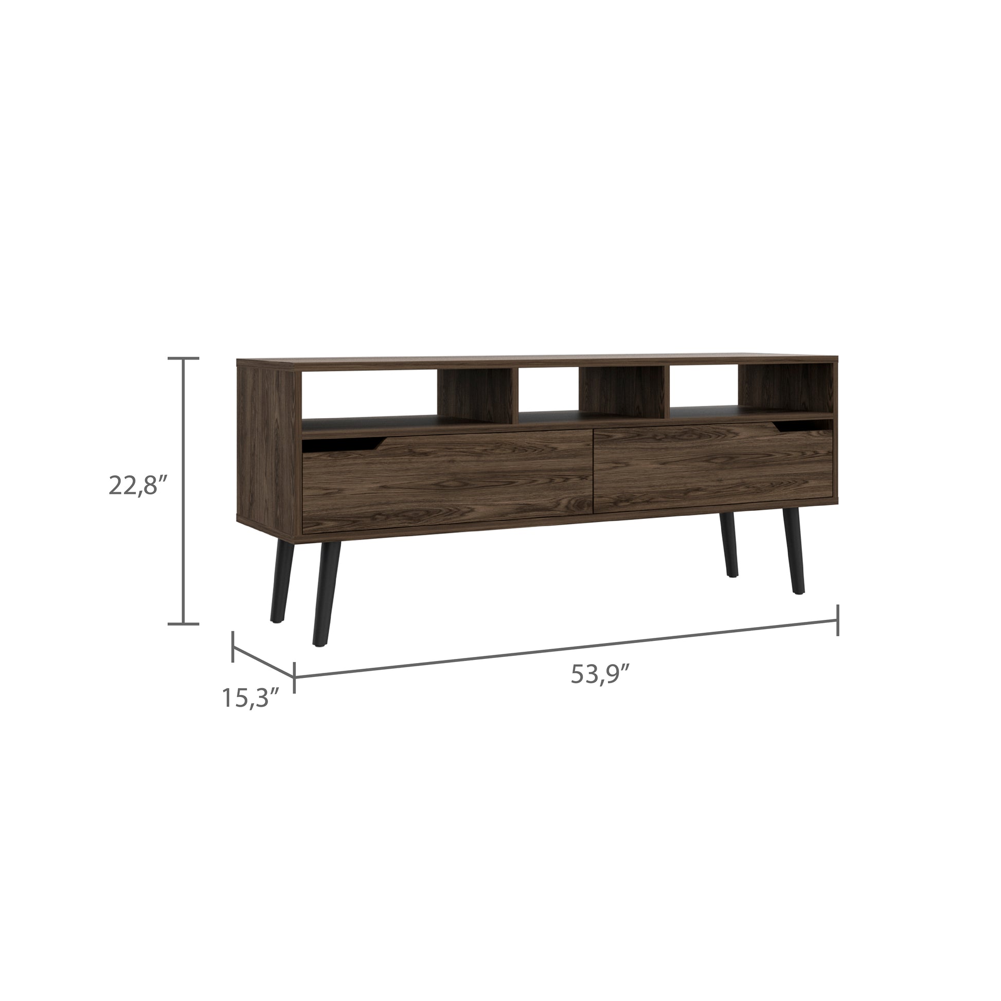 Tv Stand For Tv S Up 52" Bull, Three Open Shelves, Two Flexible Drawers, Dark Walnut Finish Walnut 50 59 Inches Particle Board