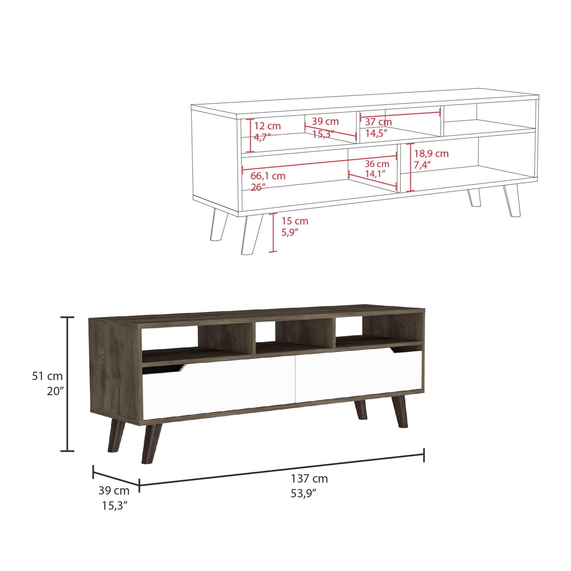 Tv Stand 2.0 For Tv S Up 52" Bull, Three Open Shelves,Two Drawers, Dark Brown White Finish White 50 59 Inches Particle Board