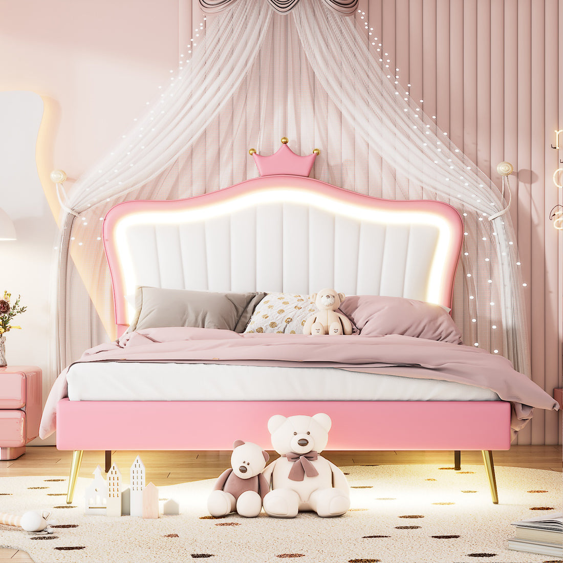 Queen Size Upholstered Bed Frame With Led Lights,Modern Upholstered Princess Bed With Crown Headboard,White Pink Queen White Pink Pu